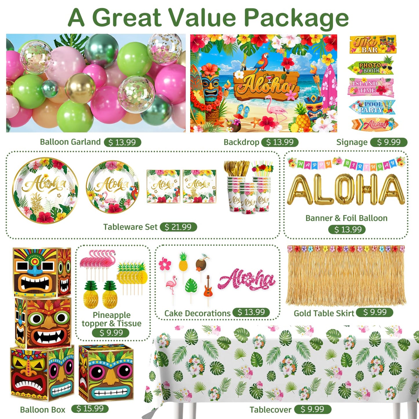 cocomigo 320pcs Hawaiian Party Decorations Complete Party Set, Serves for 25 Guests, Luau Birthday Decorations, Aloha Birthday Decorations with Hawaii Tropical Theme Banner, Balloon Arch, Tableware