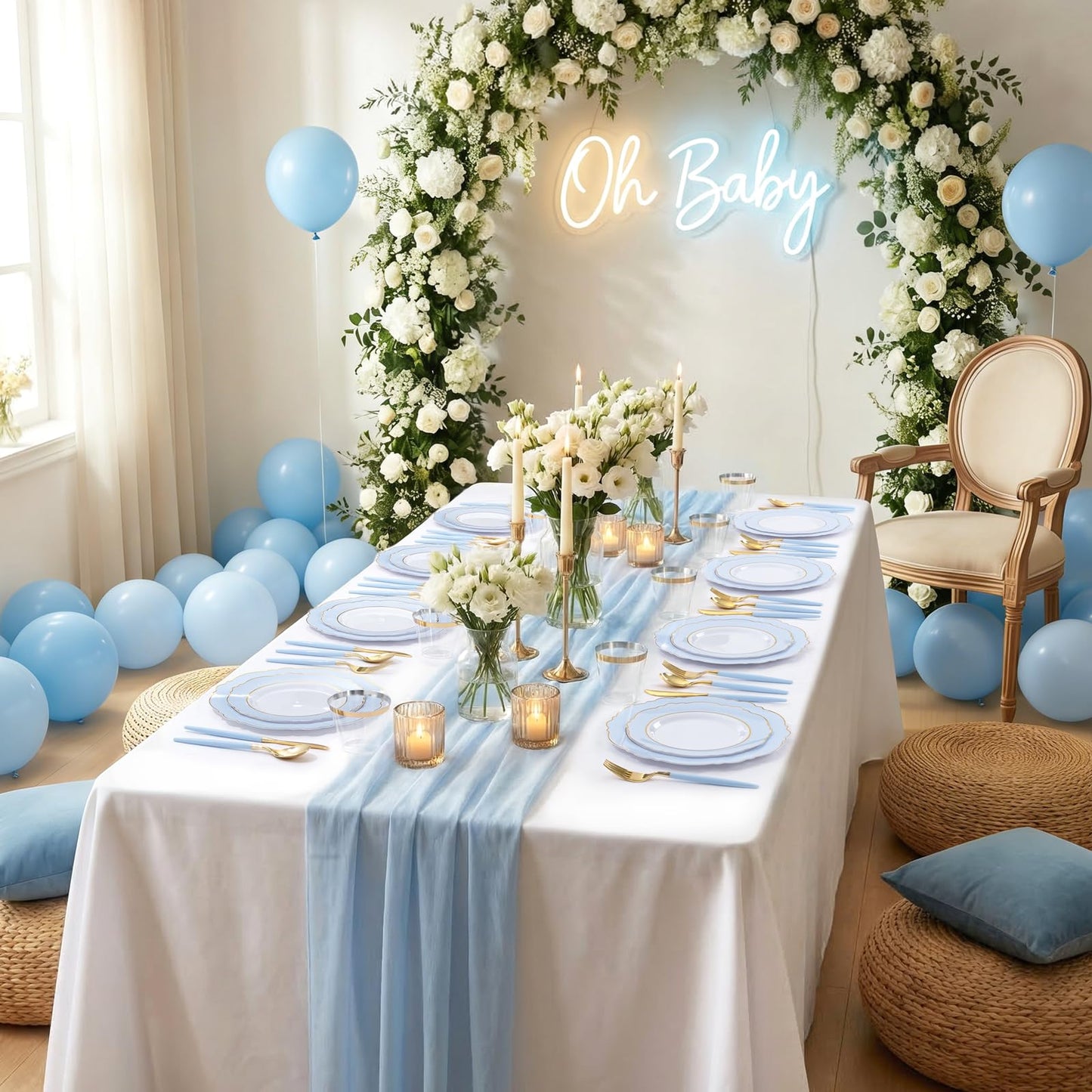 WDF 150pieces Baby Blue Plastic Plates with Gold Rim - Disposable Gold Plastic Silverware With Blue Handle-Baroque Light Blue&Gold Disposable Plates Dinnerware for Wedding/Party/Baby Shower