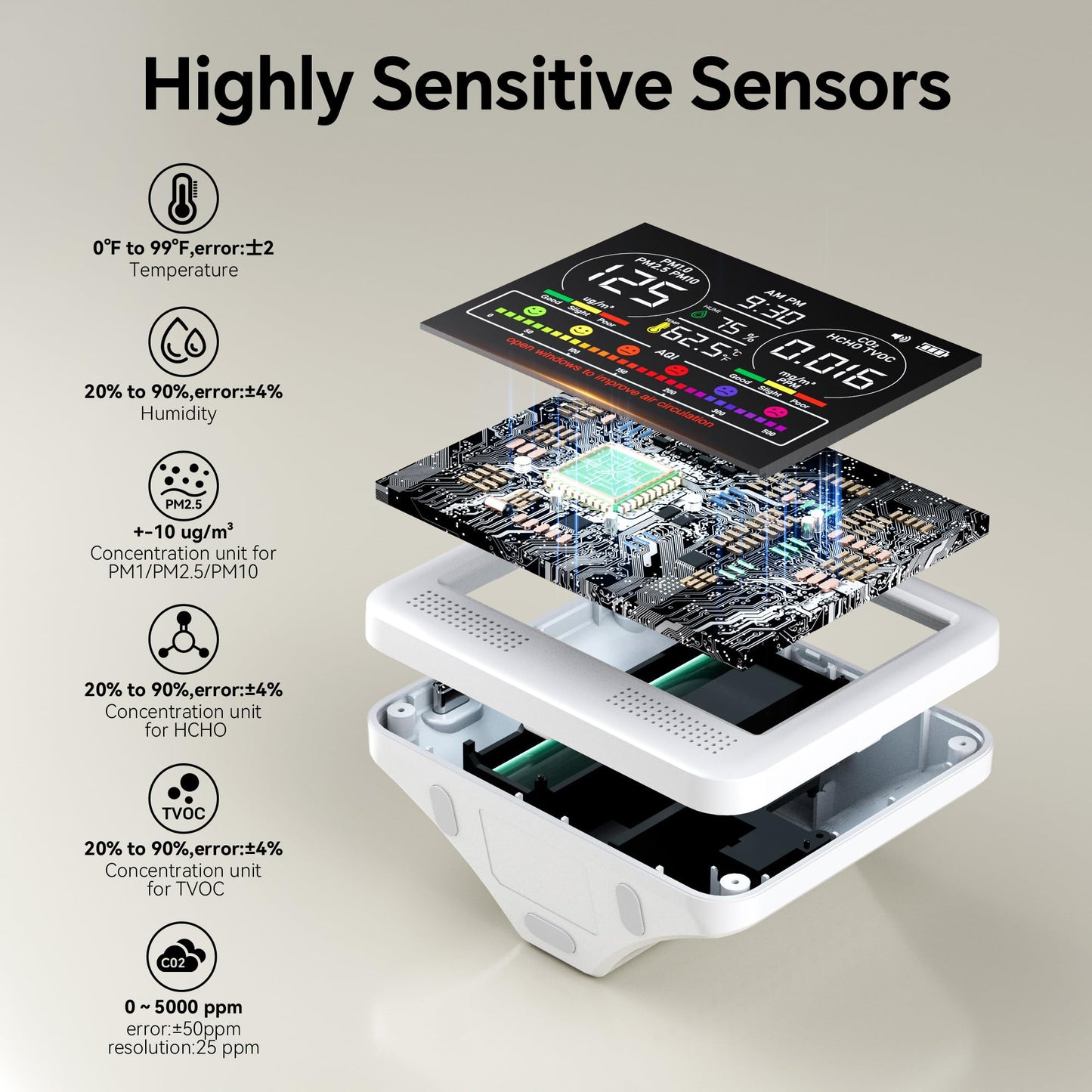 16-in-1 Air Quality Monitor Indoor, Portable Air Quality Tester for Home, Office, Formaldehyde Detector with Beep Alarm, AQI | PM1.0 | PM2.5 | PM10 | CO2 |Temp | HUM | Time, Voc Tester (Bright White)