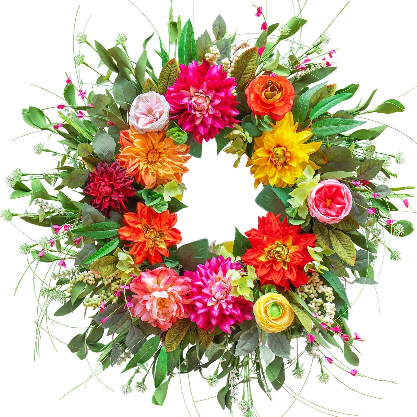 Spring Wreaths for Front Door Outside,24 Inch Summer Wreath with Peony Dahlia Rose and Greenery,Outdoor Wreath for Farmhouse Wall Porch Home Decor