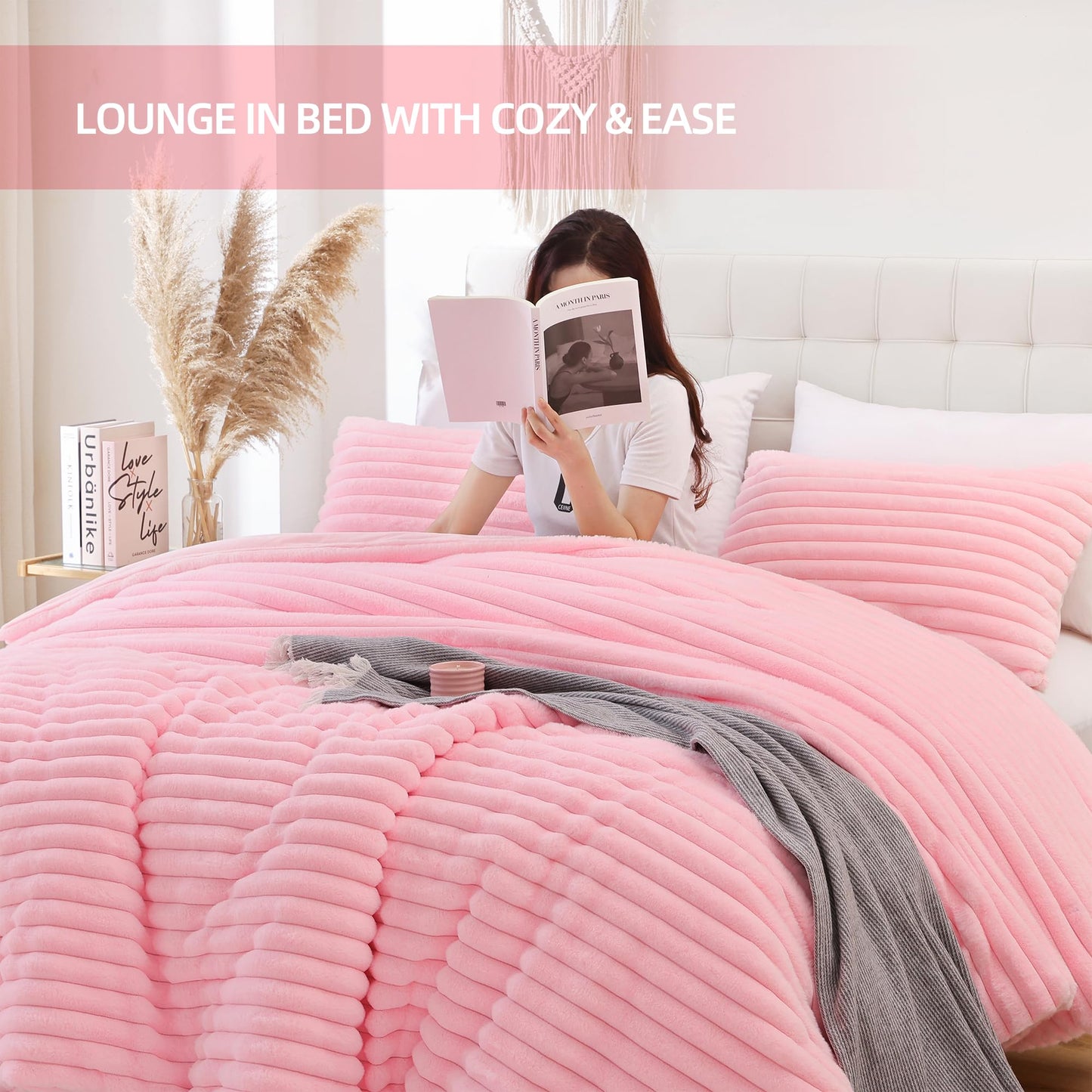 Smoofy Fluffy Queen Comforter Set 3 Pieces - Pink Fleece Fluffy Comforter Set, Luxury Fuzzy Queen Bedding Set, Soft Warm Bed Set All Season, Heavy Faux Fur Comforter with 2 Pillow Cases