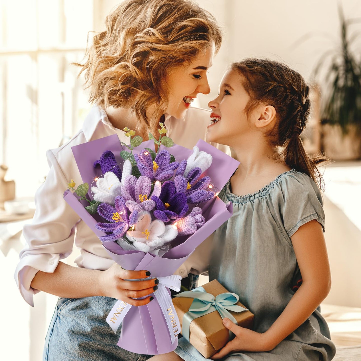 Juinte Mothers Day Crochet Flowers Bouquet Gift Completed Handmade Knitted Flowers with LED Lights Tulips Bouquet Gift for Mother Day Women Birthday Graduation Wedding Home(Purple)