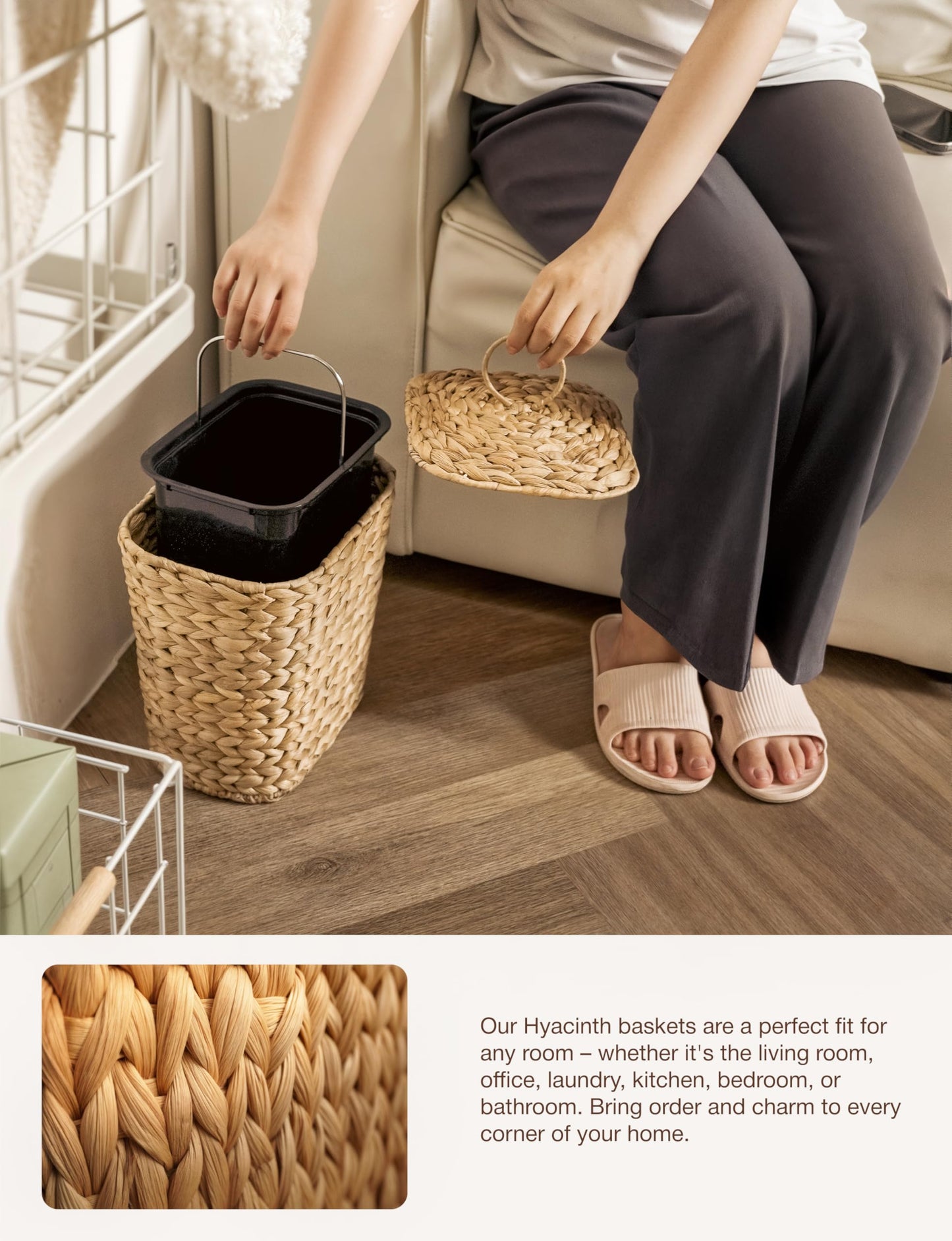 Tidita 1.5 Gallons Wicker Waste Basket with Lid - Large Wicker Trash Can for Office - Waste Basket for Bedroom, Bathroom, Kitchen, Living Room - Boho Handwoven Trash Cans for Garbage (1.5 Gallons)