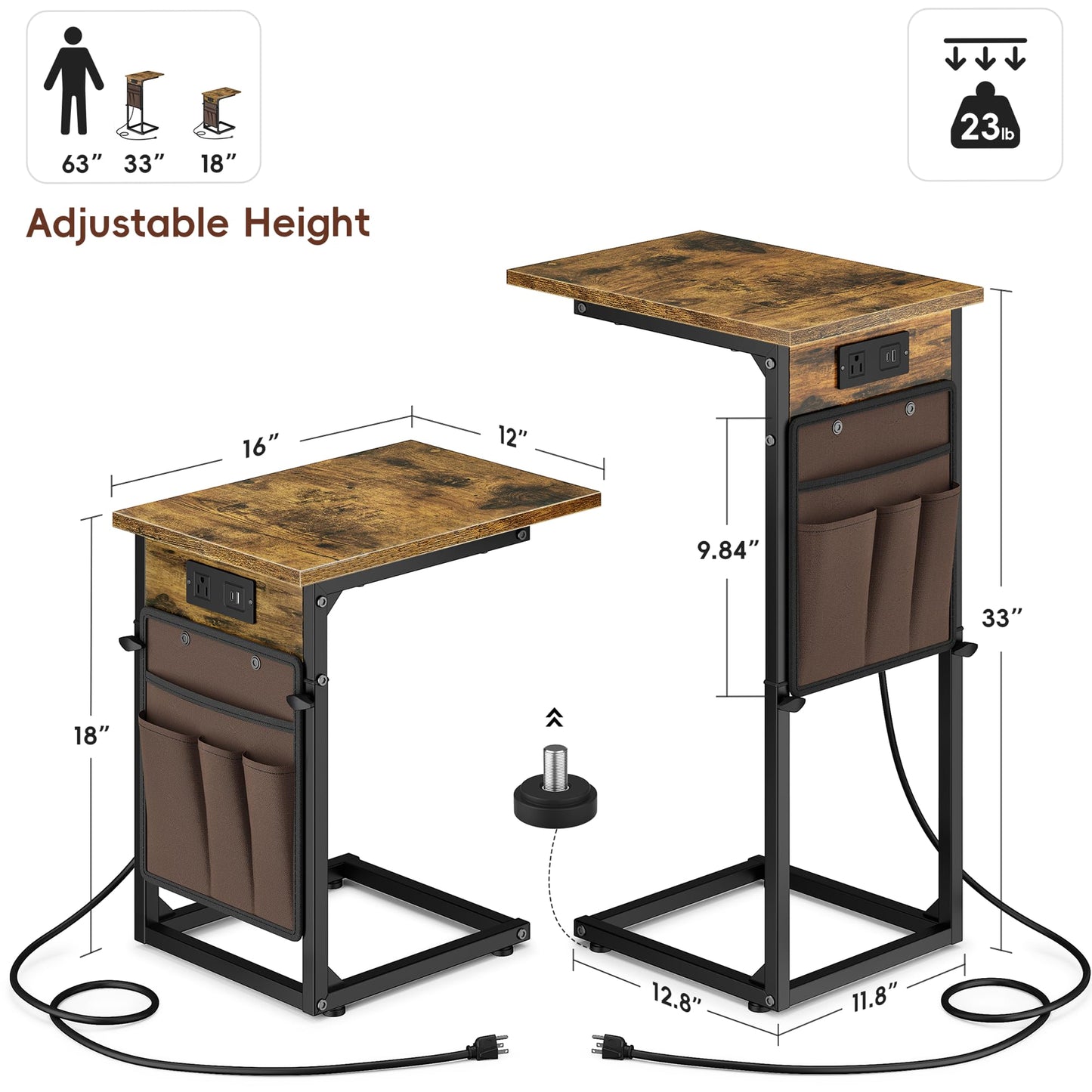 Vagusicc C Shaped End Table with Charging Station, Adjustable Height Side Table for Couch, Small Sofa Table with Storage Bag, Slide Under Sofa TV Tray Snack Arm Tables for Living Room, Bedroom, Brown
