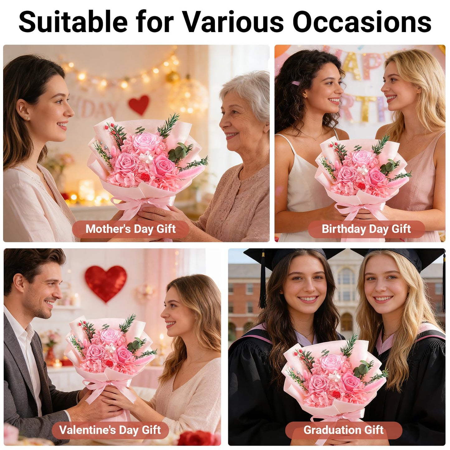 Gnifot Preserved Flowers Bouquet, Flowers for Delivery,Handmade Pink Rose Bouquets Lasting 3-5 Years, Luxury Gift Box,Birthday Flowers Gifts for Women Mom Grandma Wife Friends