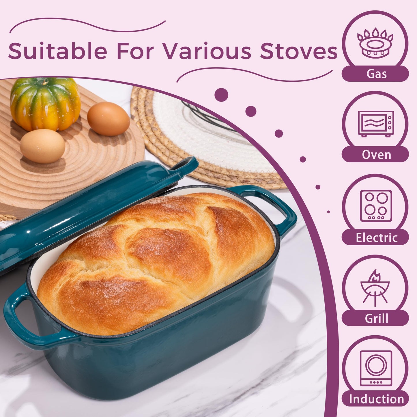 Vanderlume 4.6-Quart Oval Dutch Oven for Bread Baking, 2 in 1 Enameled Cast Iron Bread Pan with Lid, Sourdough Bread Dutch Oven for a Crispy Crust, Teal