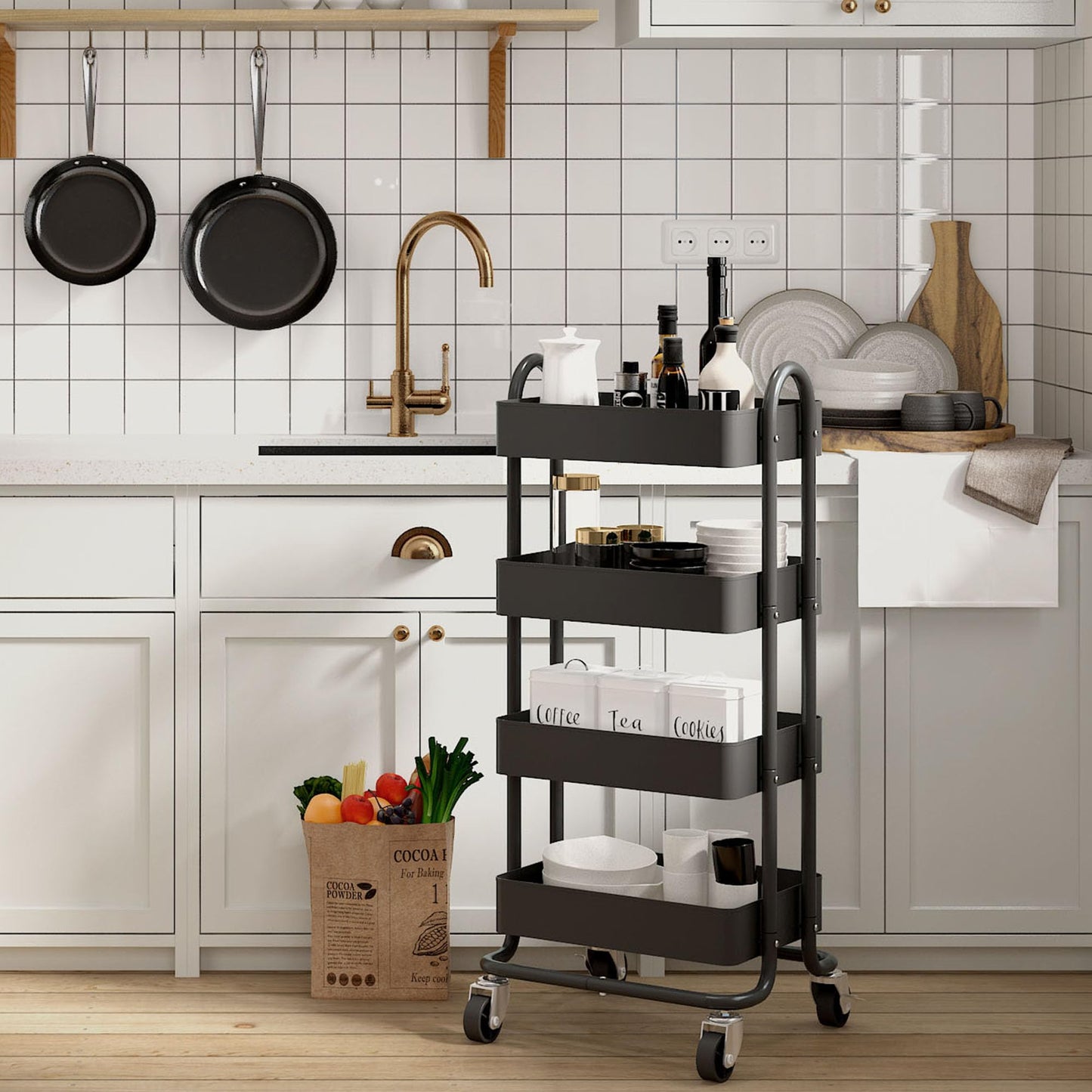 Elitehouse 4-Tier Metal Rolling Cart with Wheels,4 Tier Utility Cart with Wheels for Office,Home,Kitchen,Garden（13.4"x18.1"x40"） Black
