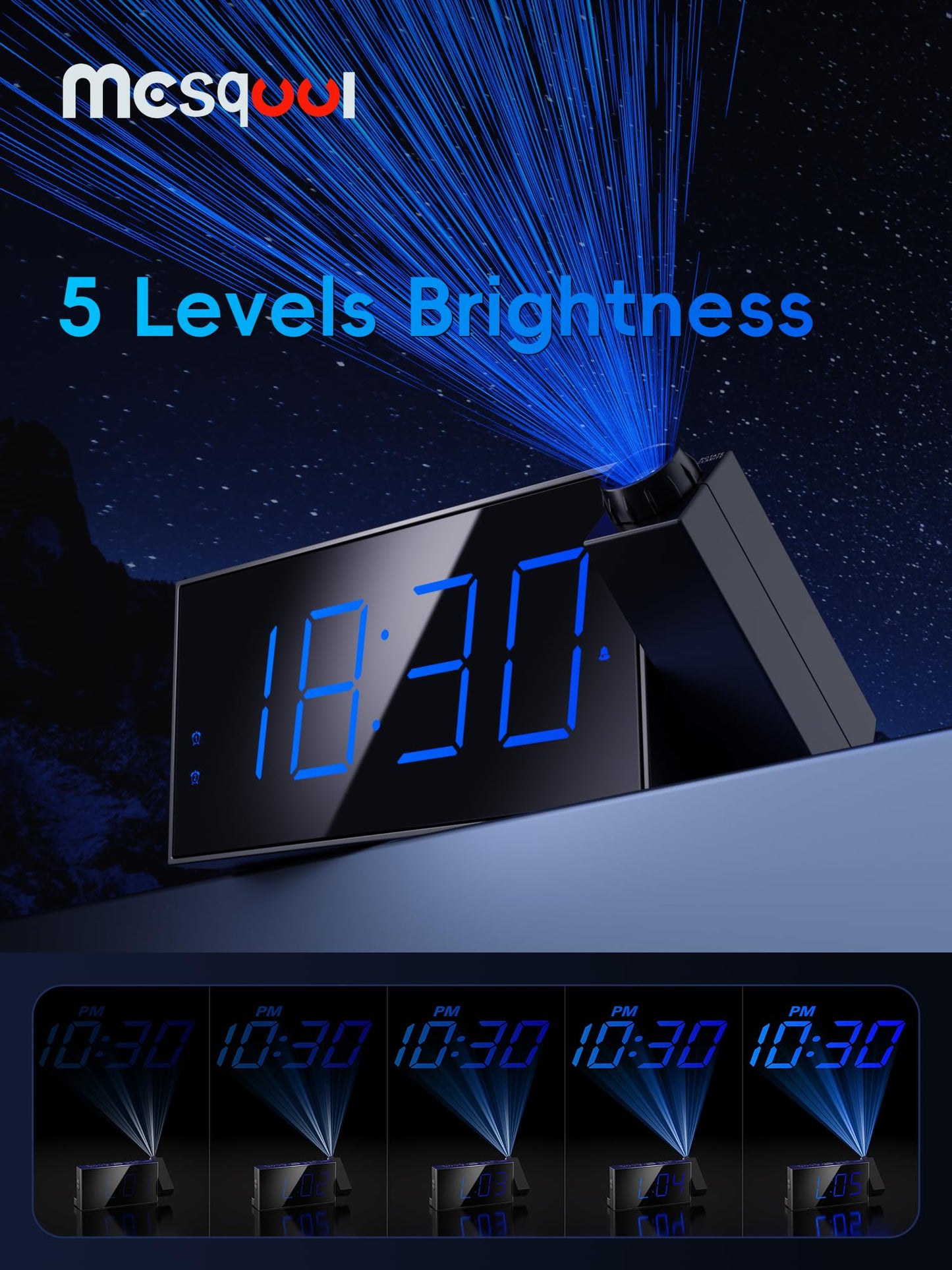 Mesqool Projection Alarm Clock with Bed Shaker, Dual Alarms, 180° Projector, 5-Level Dimmer, USB Phone Charger, Battery Backup, Loud Vibrating Alarm Clock for Heavy Sleepers, Snooze, DST