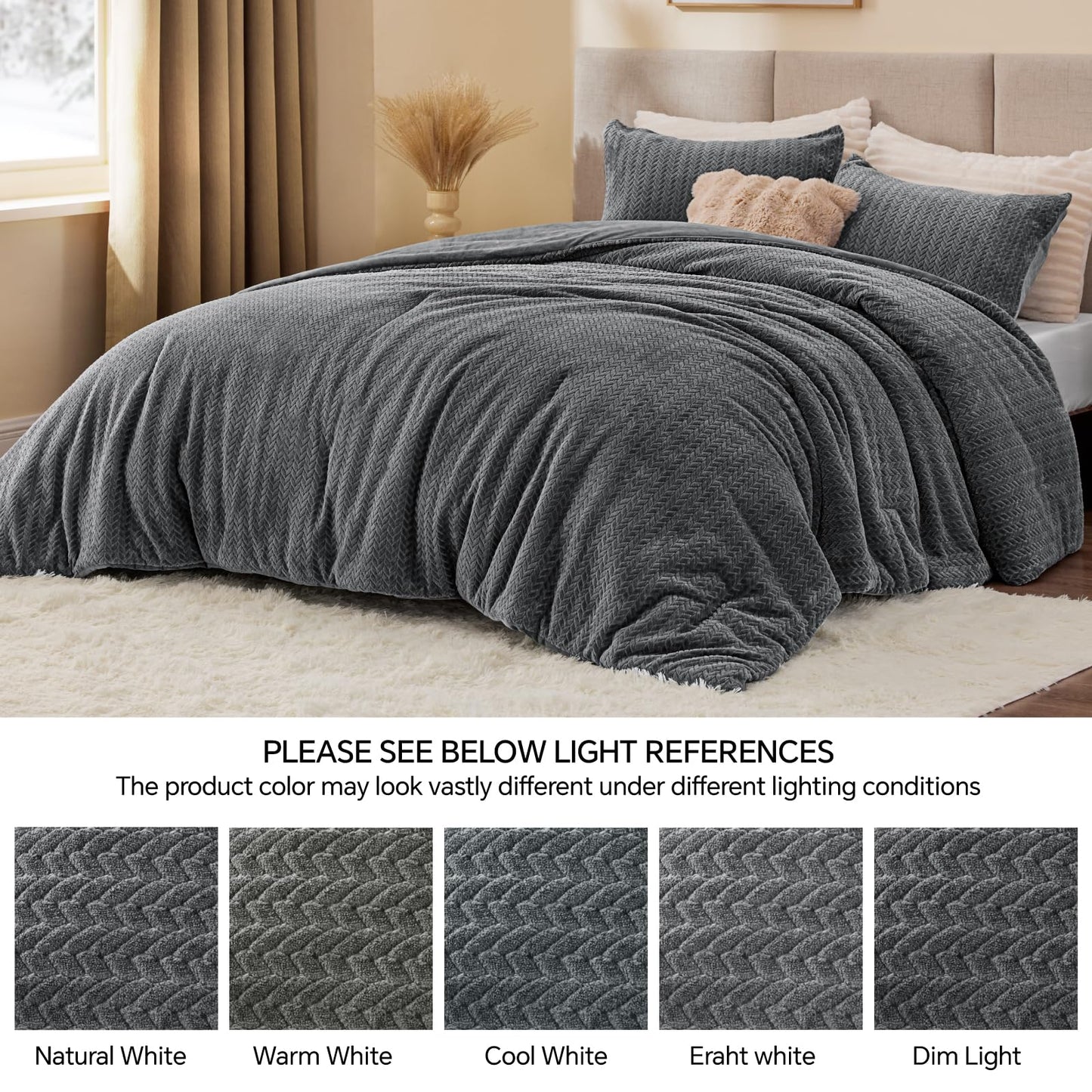 ChiXpace Flannel Fleece Queen Comforter Set - Ultra Soft Furry Grey Leaves Pattern Faux Fur Bed Set, Winter Fuzzy Fluffy Comfort Set, Velvet Bedding Set for Bed with 2 Pillow Cases