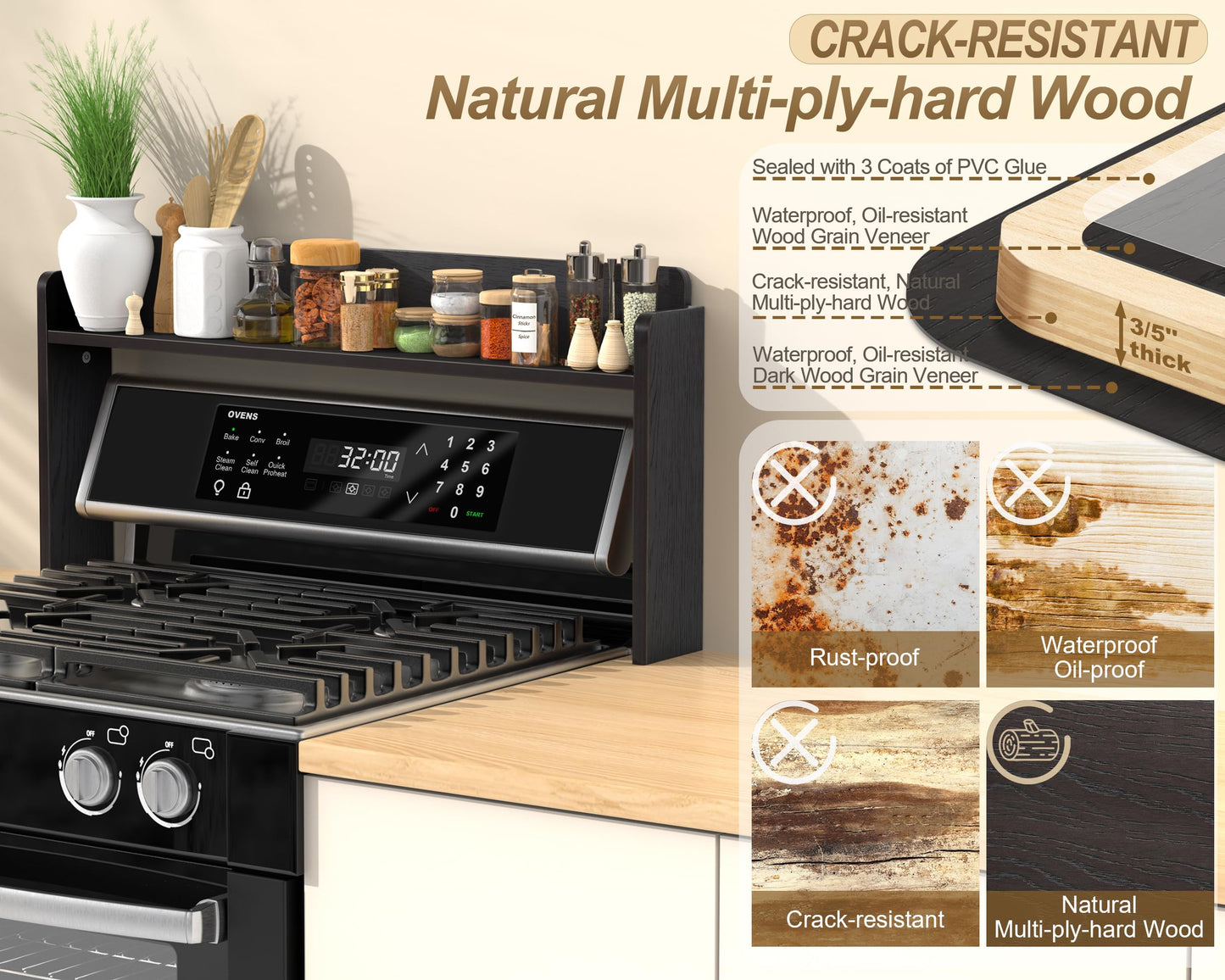 MyLifeUNIT Over The Stove Shelf, 31.5" Wood Stove Top Shelf for Back of Gas Stove, Electric Stove or Curved Stove Spice Rack Shelf for Countertop, Black