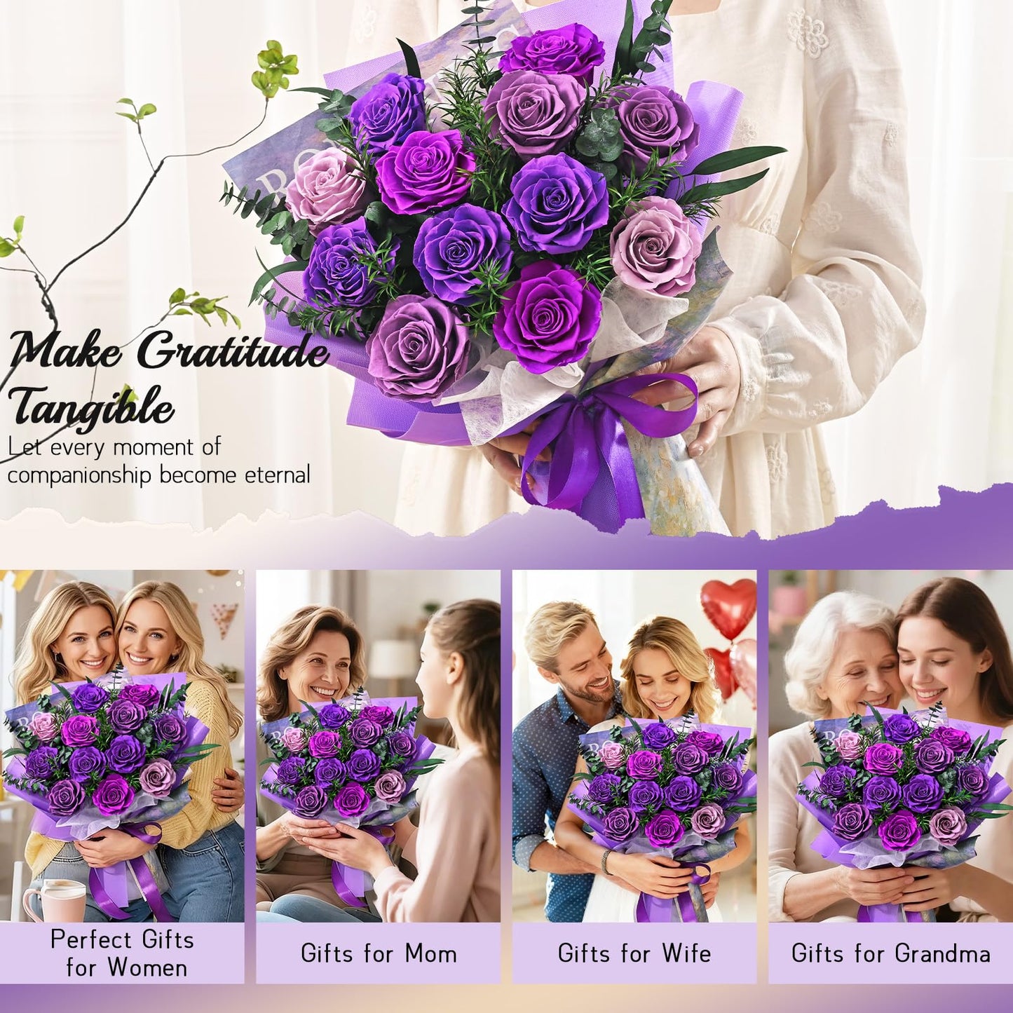 Flowers for Delivery Prime 12 Roses, Mothers Day Flowers for Mom, Mothers Day Gifts, Forever Roses Preserved Purple Flower Bouquet Eternal Rose Birthday Gifts for Women Gf Gifts Wedding Anniversary