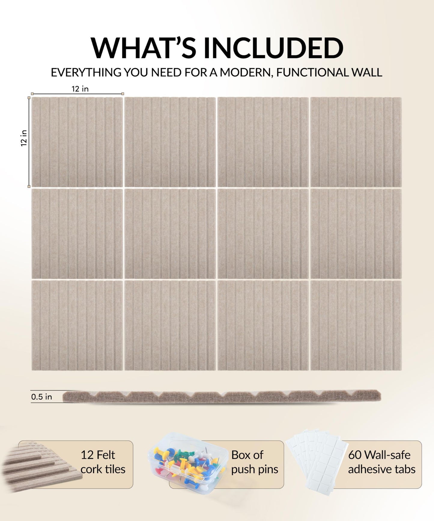 Large Cork Board Alternative 48" x 36" with Push PINS & Wall Safe Adhesive Tabs – Push pin Board for Walls in Home or Office, Felt Bulletin Board Tiles, Versatile Felt Board Layout, Beige