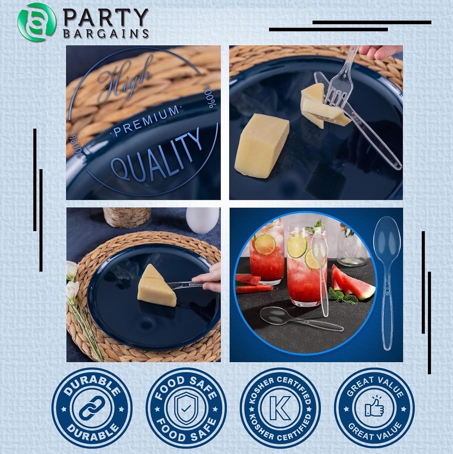 PARTY BARGAINS Disposable Cutlery Set 720-Piece – Sapphire Settings Clear Plastic Forks Spoons Knives – Heavy-Duty Utensils for Parties Catering Weddings & Events – BPA Free