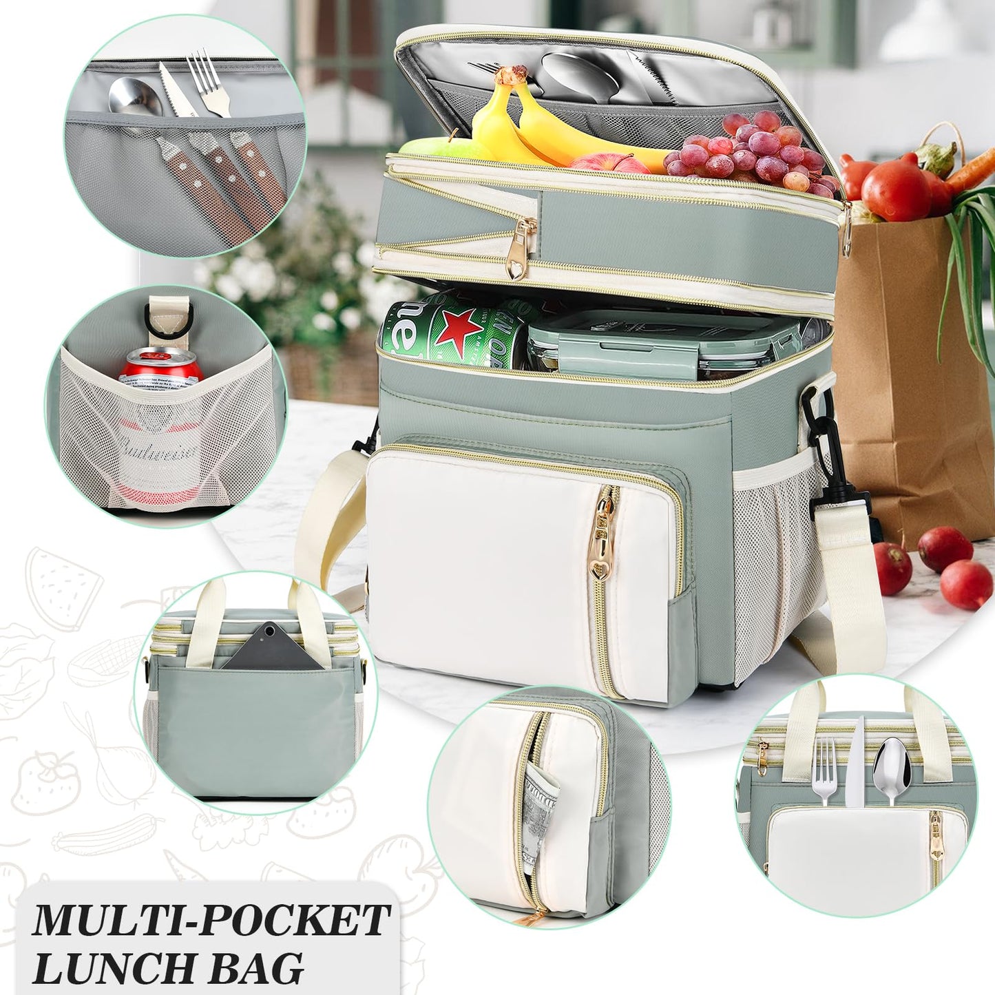 BAGNN Lunch Box for Women, Expandable Large Double Deck Insulated Lunch Bag with Strap, Lightweight Leakproof Cooler Tote Bag, Adult LunchBox for Work, Picnic, Beach & Travel, 16L, Olive Green & White
