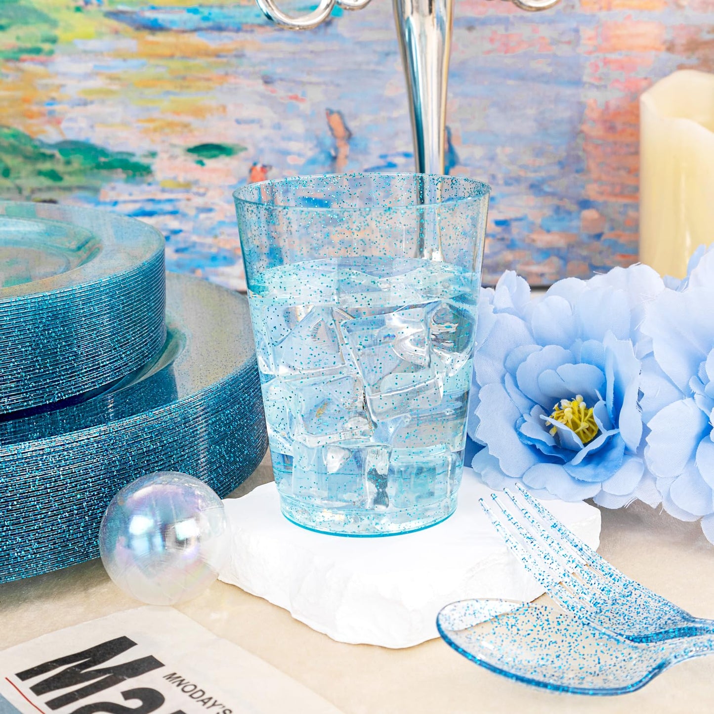 Rubtlamp 180Pcs Blue Glitter Dinnerware Set(30 Guests), Blue Plastic Plate With Gitter Disposable Silverware, Gitter Plate Set Include 30Dinner Platos, 30Dessert Platos, 90Cutlerys, 30Cups for Party