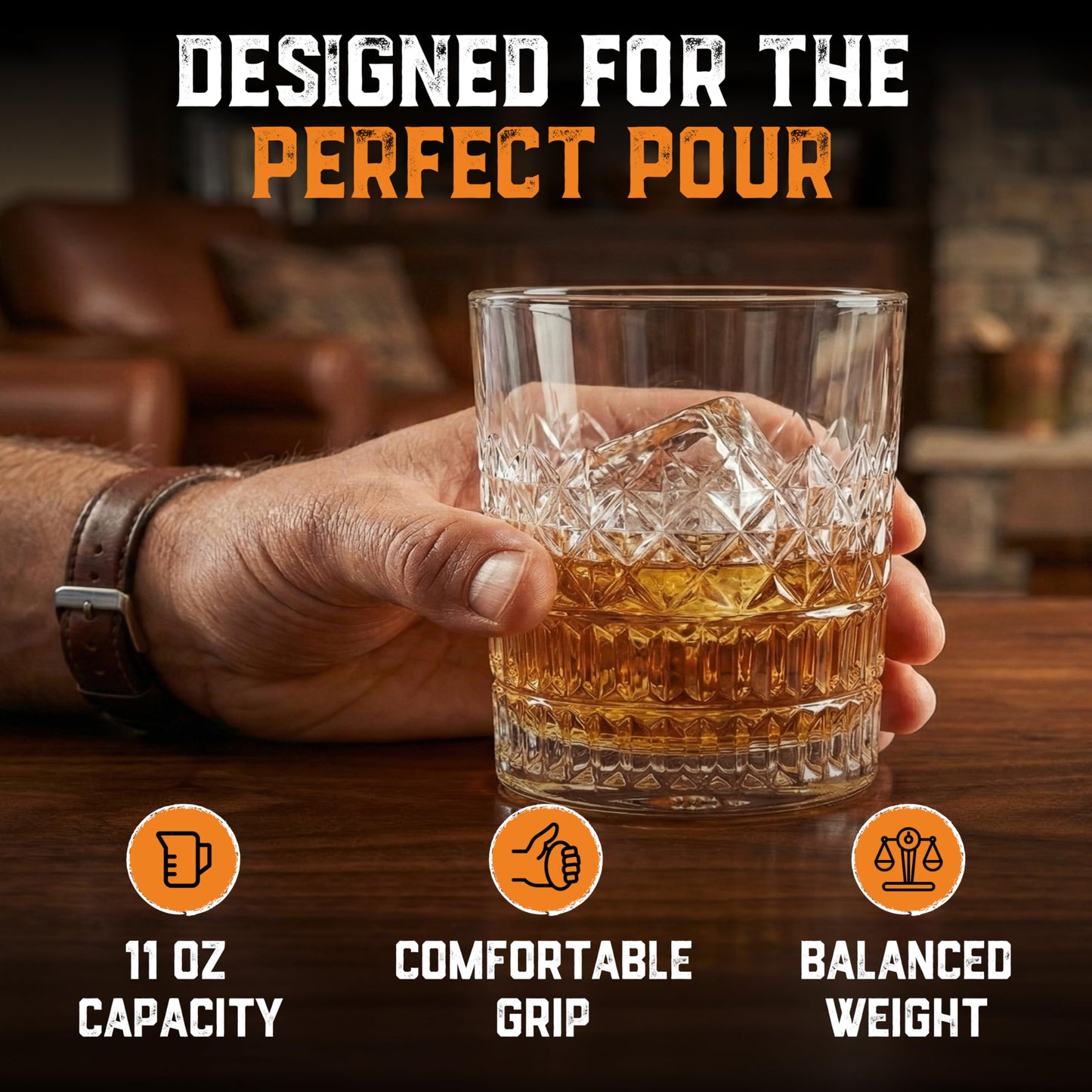Aged & Charred Lead-Free Crystal Whiskey Glasses With Heavy Base (Set of 4) - 11 Oz Rocks Barware for Old Fashioned, Bourbon, and Cocktail Drinks - Premium Whiskey Bourbon Gift for Men
