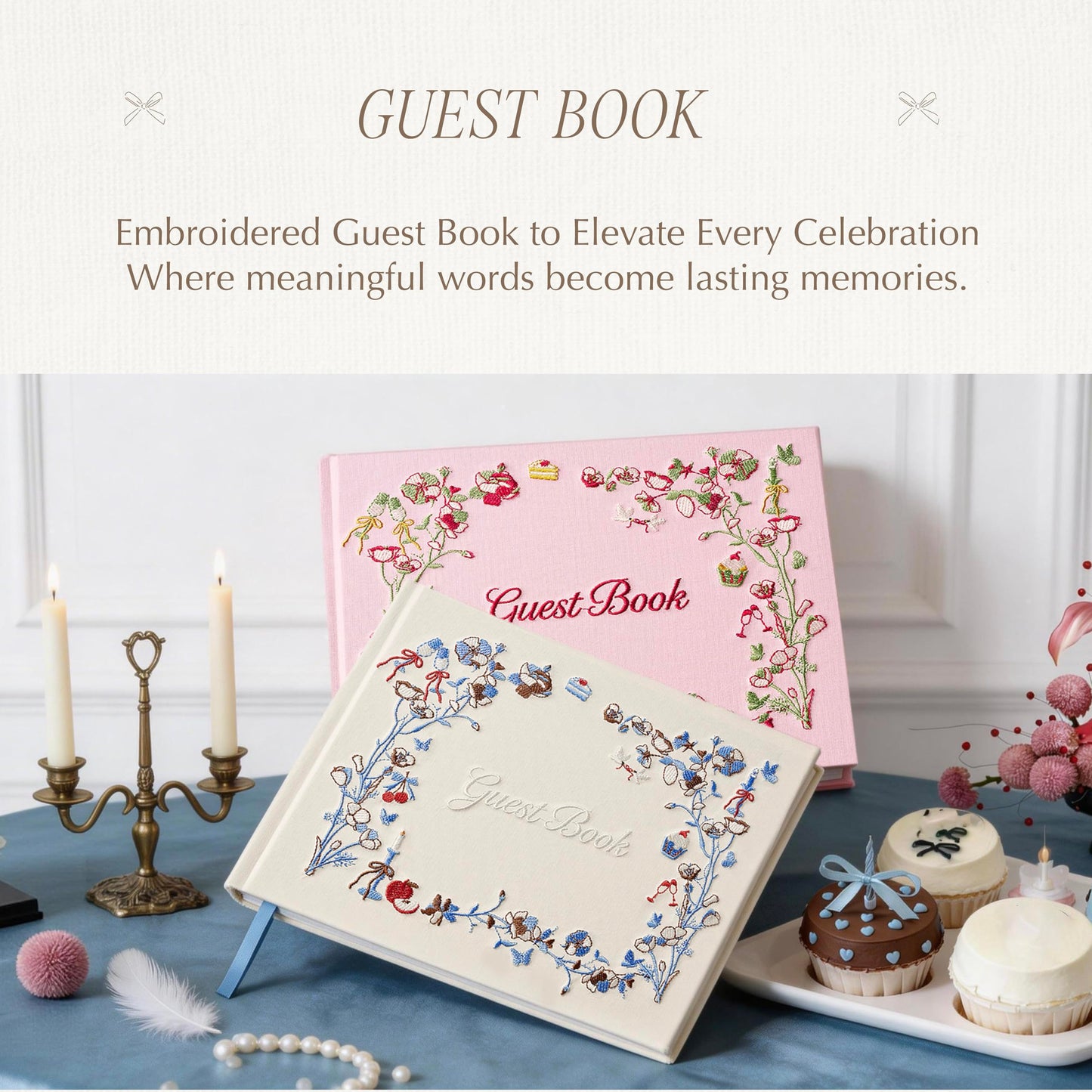 Jottyco Embroidered Wedding Guest Book, Cotton Cover, Acid-Free Paper, 160 Pages, 9" L × 7" W, Sign in Book for Wedding Reception, Baby Shower&Events, with Envelopes, Table Card&Cotton Pouch (Ivory)