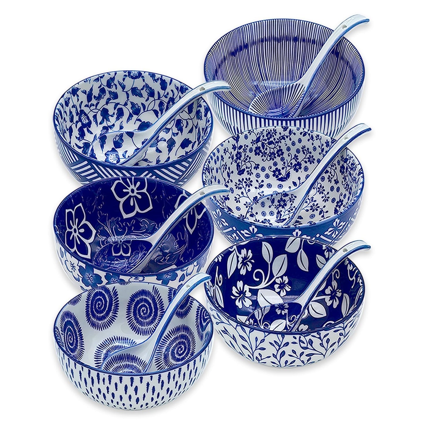 KeQiu Japanese Ceramic Bowls Set of 6, 28 Oz Large Asian Porcelain Ramen Soup Salad Cereal Noodle Bowl with 6 Spoons, Deep Bowl for Kitchen Decor and Housewarming Gift, Dishwasher & Microwave Safe