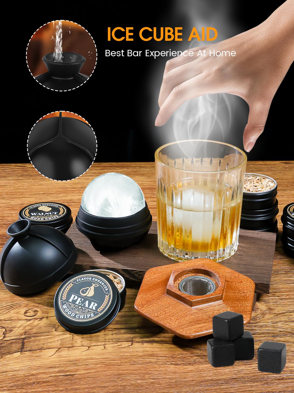 27Pcs Whiskey Smoker Kit- 16 Wood Chips,Ice Ball Molds, Cocktail Smoker Infuser Kit, Old Fashioned Drink Smoker Kit, Birthday Bourbon Whiskey Gifts for Husband,Men,Dad(No Butane)