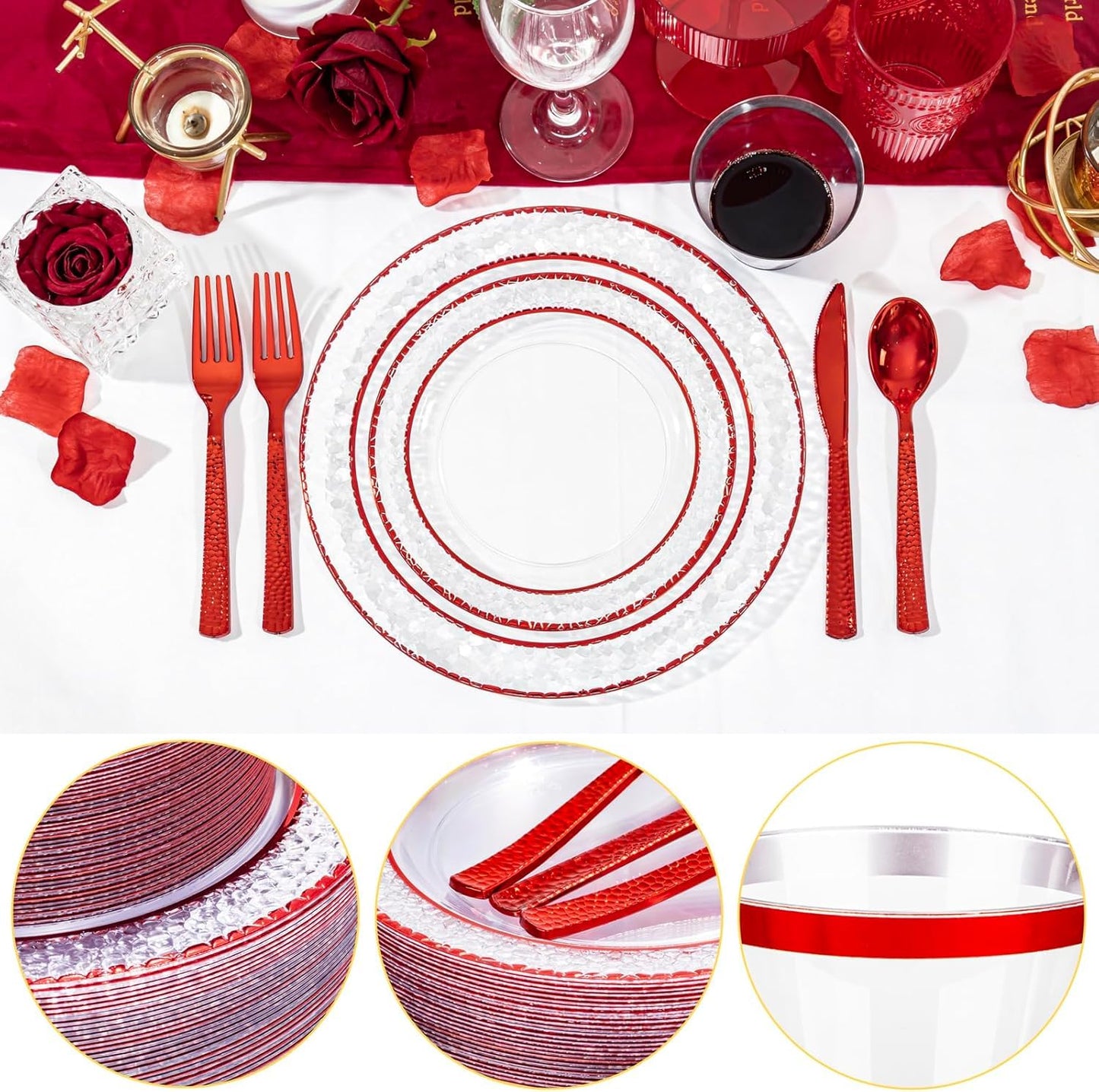 Ciaell 350 PCS Clear and Red Plastic Plates – Red Dinnerware Set for 50 Guests Include 100 Plastic Plates, 50 Pre Rolled Napkins with Cutlery Set, 50 Cups for Wedding & Party