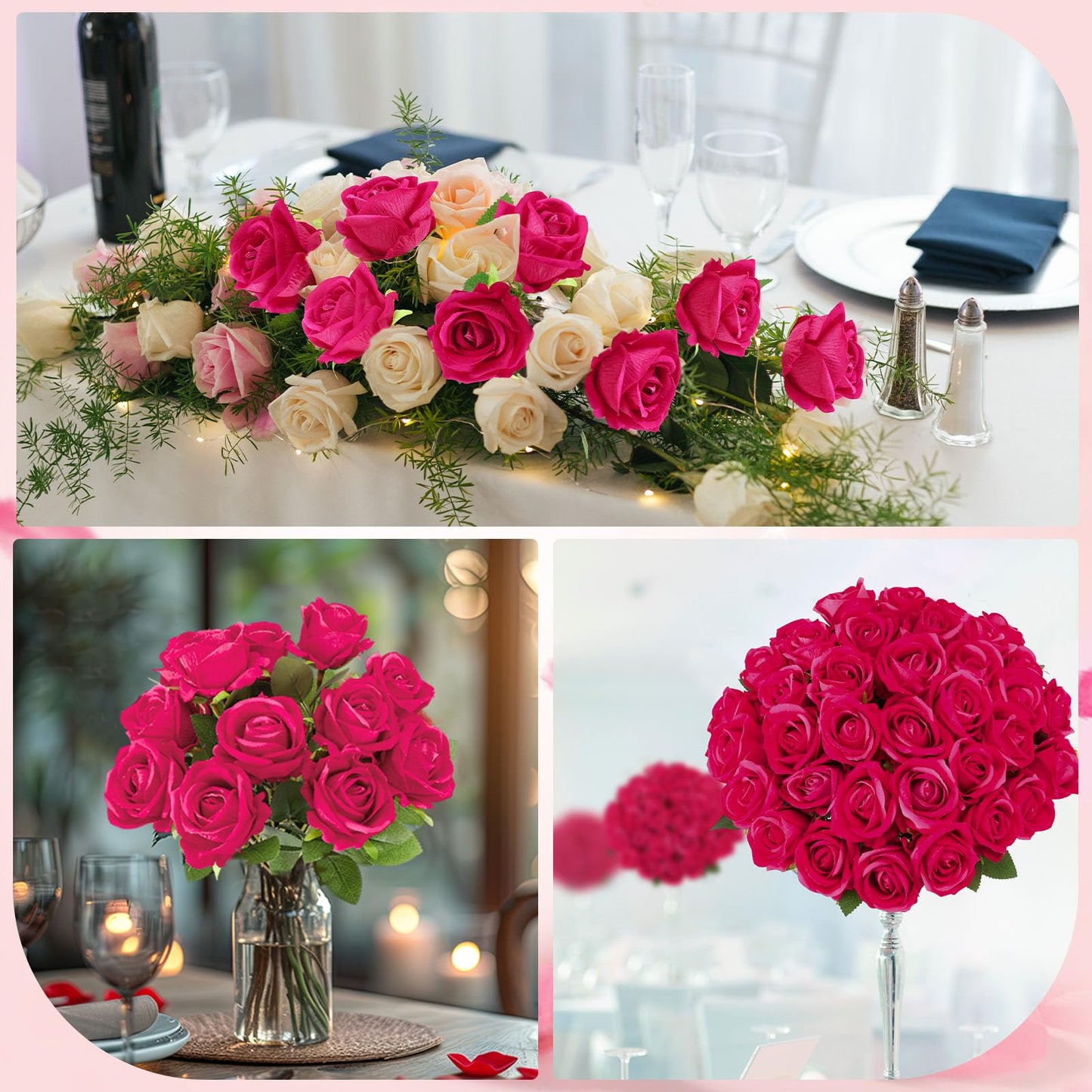 Ovveroche 80 Pcs Roses Artificial Flowers, Silk Hot Pink Artificial Flowers Petals Long Stem Roses for Wedding Bouquet Home Party Decor