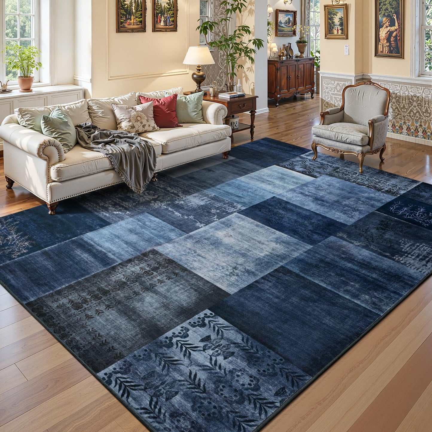 DweIke Washable Area Rugs 5x7 for Living Room, Modern Geometric Navy Blue Soft Patchwork Carpet, Non-Slip Stain Resistant Throw Rug for Bedroom Dining Room Office Home Decor