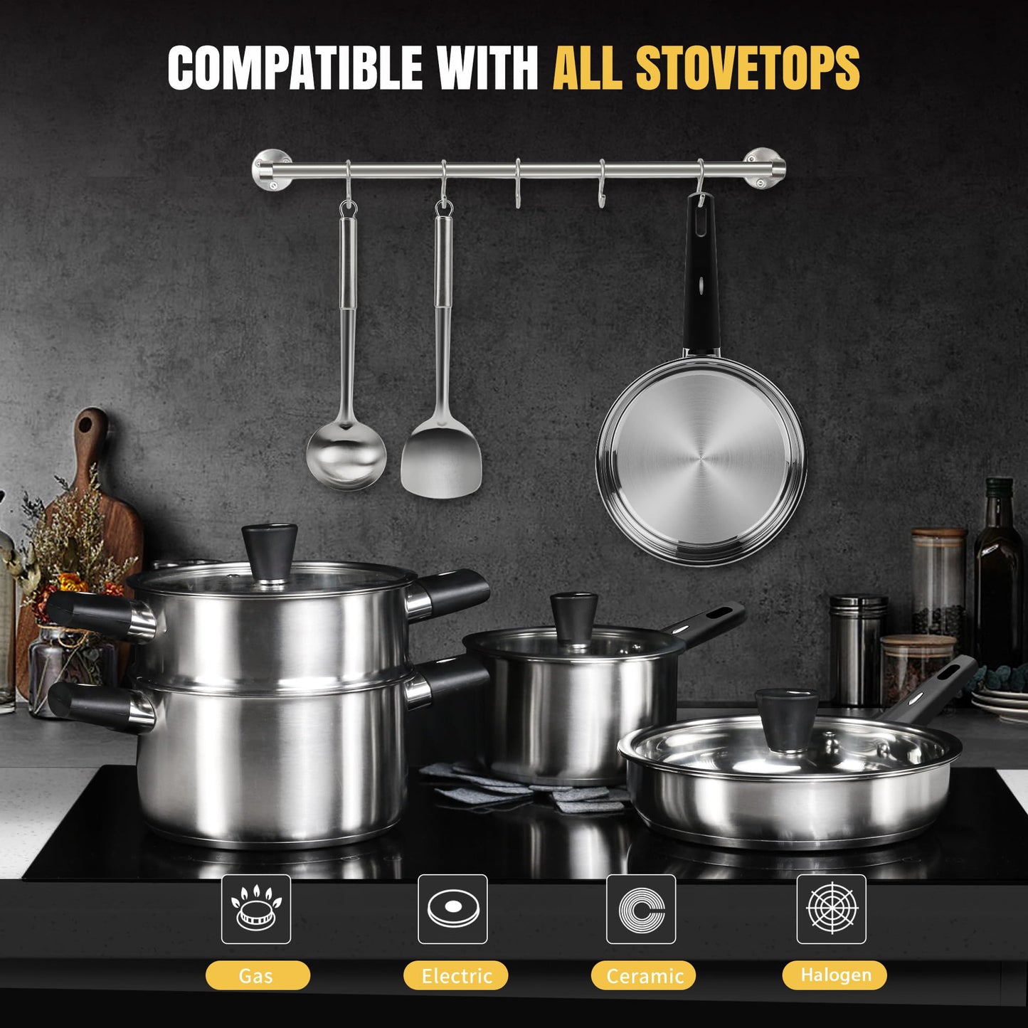 Meythway 14-Piece Stainless Steel Cookware Set for Induction Stovetops – Non-Toxic Pots & Pans with Stay-Cool Handles, Glass Lids, Steamer, Pot Mats & Utensils – Dishwasher Safe Kitchen Cookware