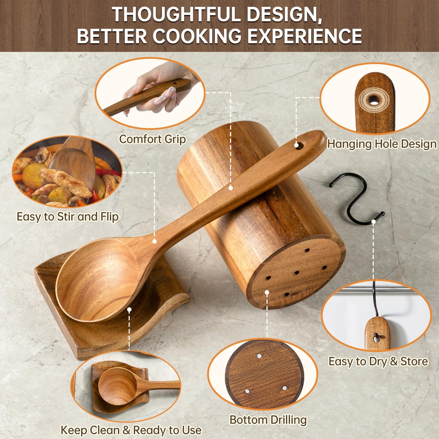 FYCTIO Wooden Utensil Set 12 PCS - Natural Non-Toxic Acacia Wooden Spoons for Cooking, Nonstick, Sturdy, Easy to Clean, Wood Kitchen Utensils Set with Holder, Spoon Rest & 6 Hooks, Ideal for Gifting