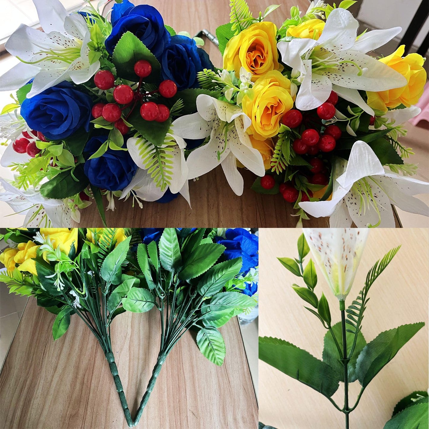 RUMEAVAO 2 Sets Artificial Silk Cemetery Flowers, Memorial Flowers for Gravesite, Blue & Yellow Roses Lily Bouquet, Memorial Day Mother's Day Grave Decorations