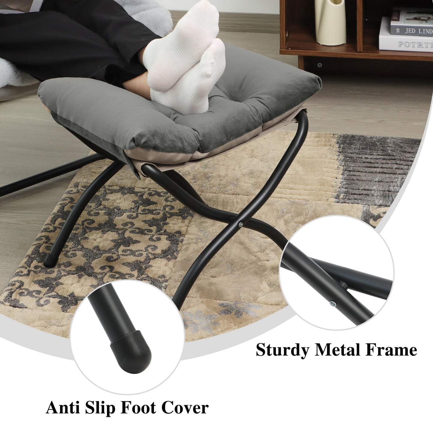 Mordchil HF 15"(H) Folding Ottoman, Foldable Footrest Stool, Portable Small Foot Stool for Couch, Collapsible Foot Rest Ottoman for Sofa, Accent Padded Ottomans for Living Room, Bedroom, Dark Grey