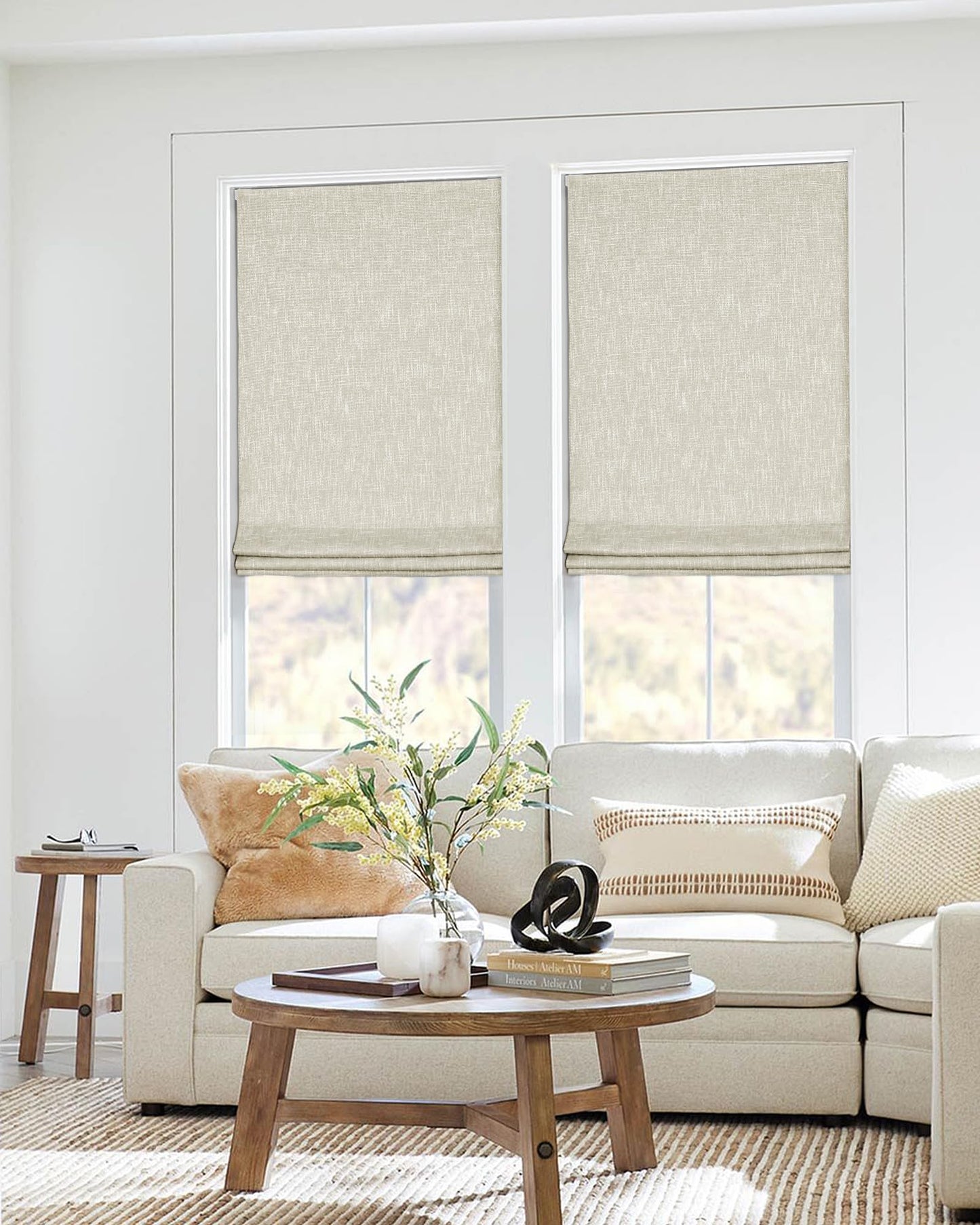 No Tools No Drill Cordless Roman Shades for Indoor Windows 100% Blackout, for Window Size 34" W × 64" H Beige