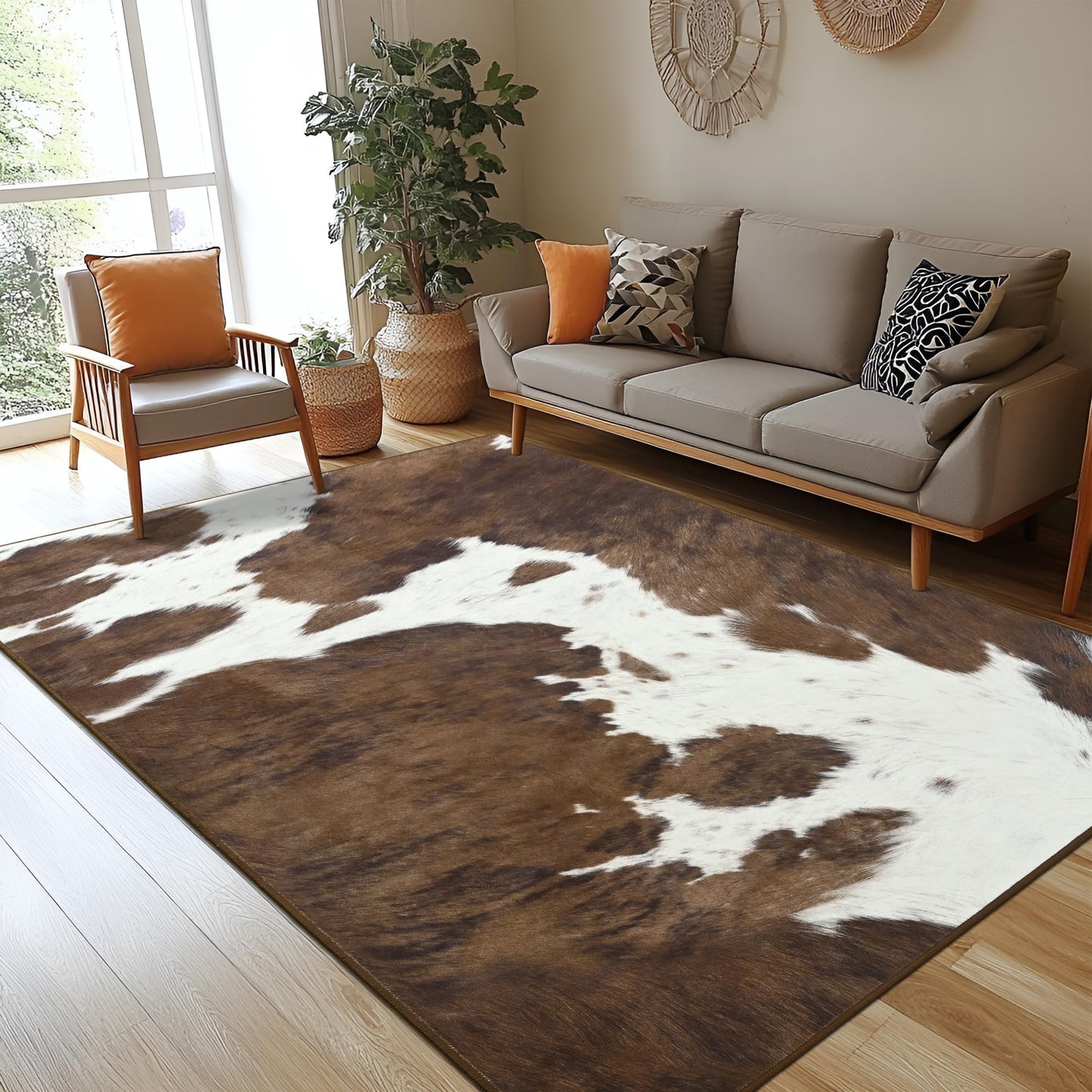 Foxmas Cow Print Rugs for Living Room Bedroom, 5x7 Washable Non-Slip Low Pile Indoor Floor Rug, Carpet for Dining Room Kitchen Office Western Home Decor, Brown