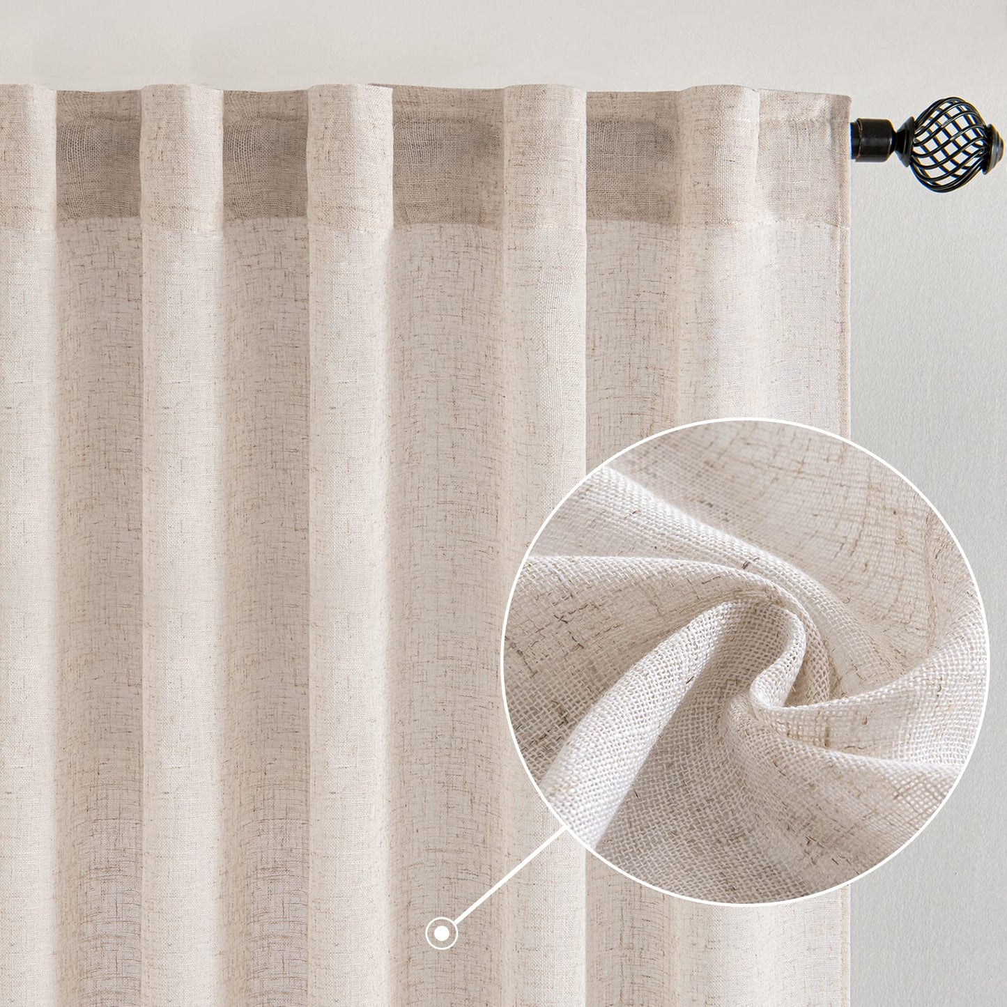 MIULEE Natural White Linen Curtains 96 Inch Long 2 Panels for Bedroom Living Room, Soft Thick Linen Textured Window Drapes Semi Sheer Light Filtering Rod Pocket Back Tab Neutral Farmhouse Cream Ivory