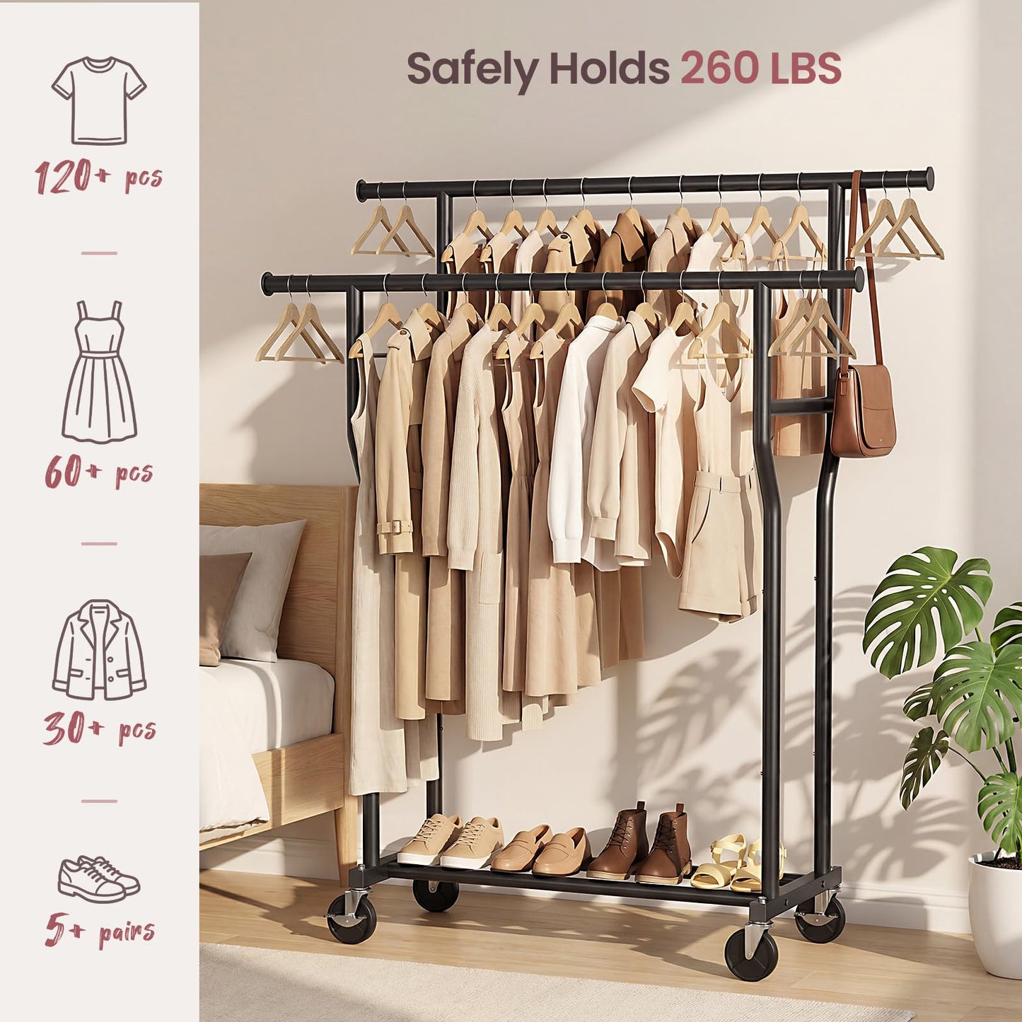 WATIOWL Clothes Rack, Double Rods Rolling Clothing Rack for Hanging Clothes Load 260 LBS Closet Rack with Wheels, Metal Portable Garment Rack for Bedroom Laundry Living Room, Black