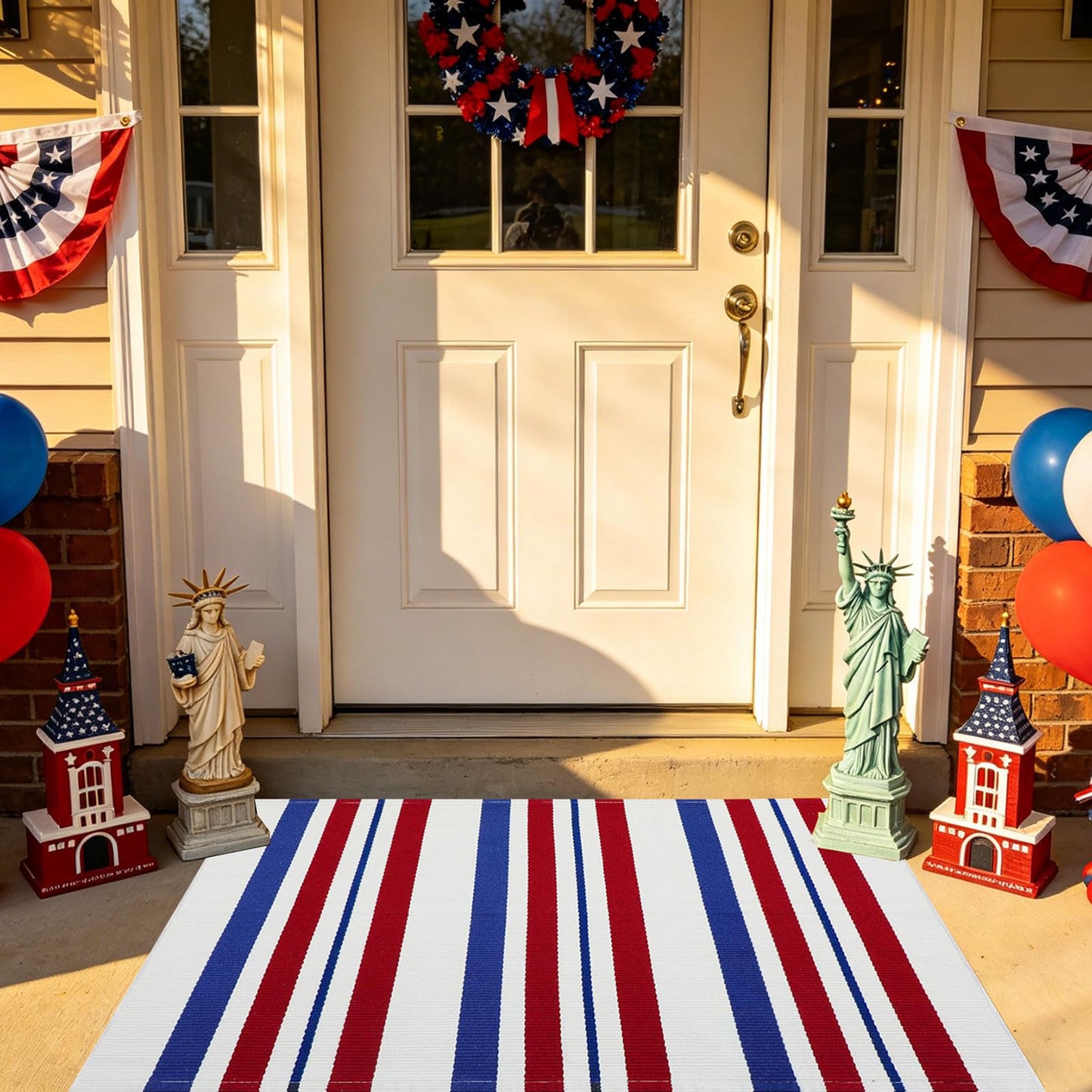 USA 250th Anniversary Patriotic Doormat, 2'4" x 3'7" Red White and Blue Striped Outdoor Rug, Washable Farmhouse Front Porch Welcome Mat for Memorial Day, 4th of July, and Independence Day Decor