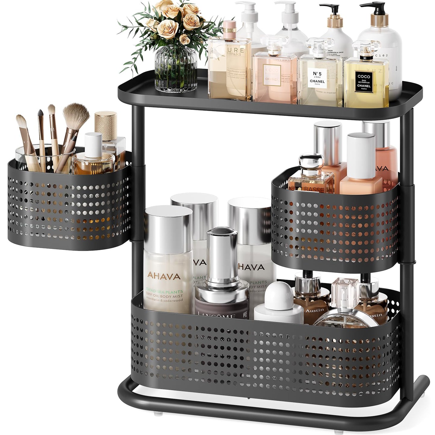 3 Tier Bathroom Counter Organizer, Rotating Countertop Vanity Storage Cabinet with Standing Shelf, Cosmetic Holder for Skincare & Makeup, Kitchen Spice Rack, Bedroom Nightstand Organizer, Black