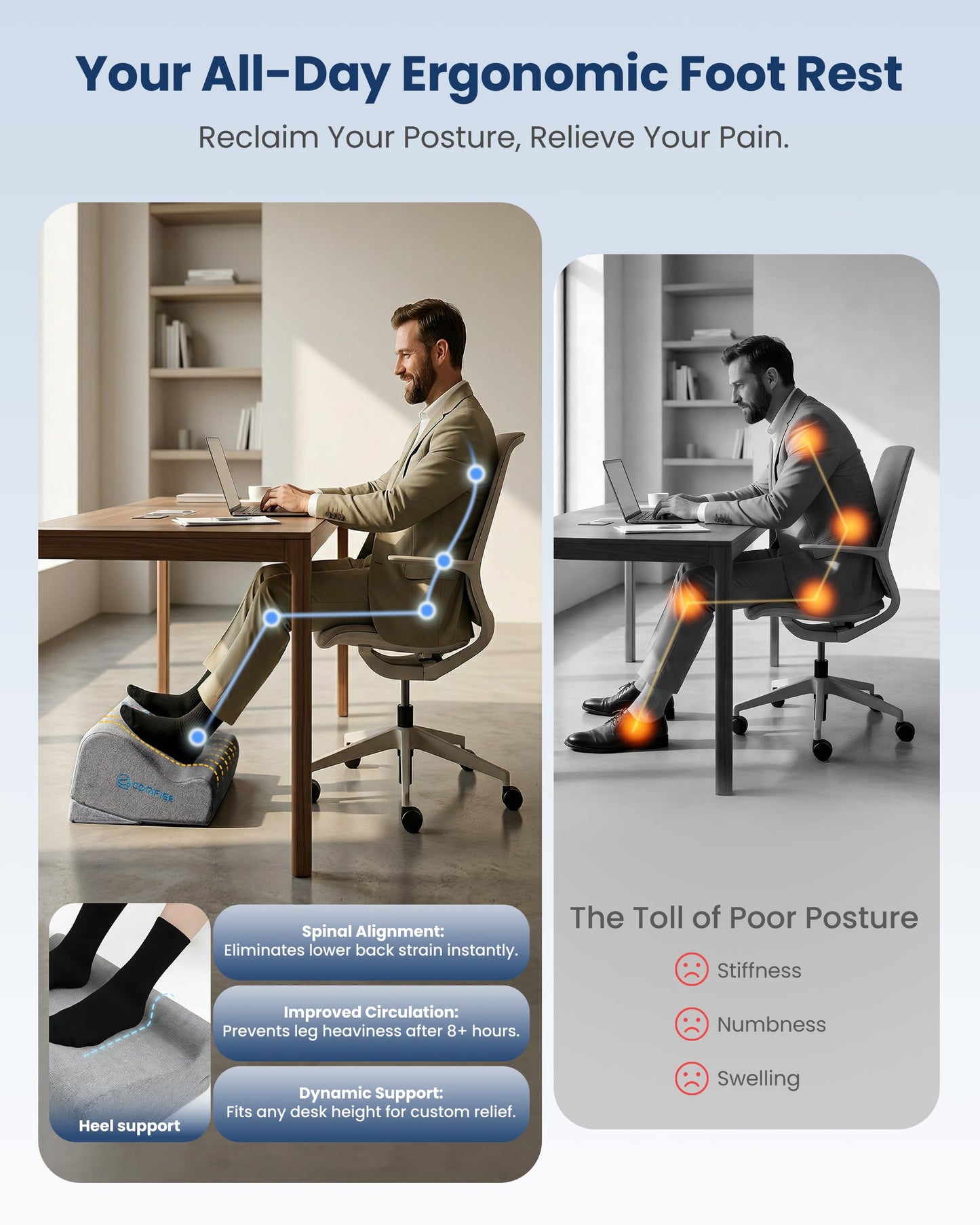 Comfier [2026] Under Desk Foot Rest at Work with Graphene Fast Heat Cloth,Ergonomic Heated Foot Stand, 2 Heights & 3 heat & 3 Vibration,Heel Support for Back,Leg Pain Relief,Office Home,Gift Men,Women