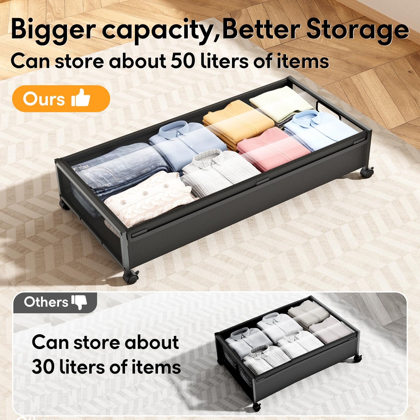 LeArex Under Bed Storage Containers with Wheels 2 Pack Underbed Shoe Storage Bedroom Storage Bins Organizer Large Capacity Under Bed Storage with Lid for Clothes Shoes Toys Blankets (Black)