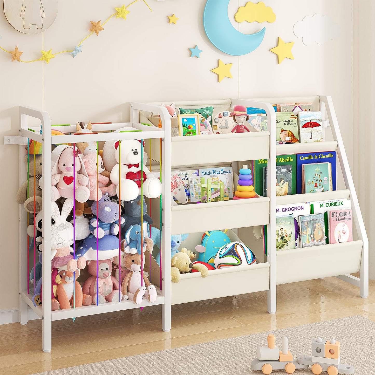 CYXPHION B2 Kids Bookshelf and Toy Storage, 3 Tier Book Shelf for Kids Rooms, Sling Toddler Bookshelf with Stuffed Animal Storage, Montessori Baby Bookcase for Nursery, Bedroom, Playroom, White