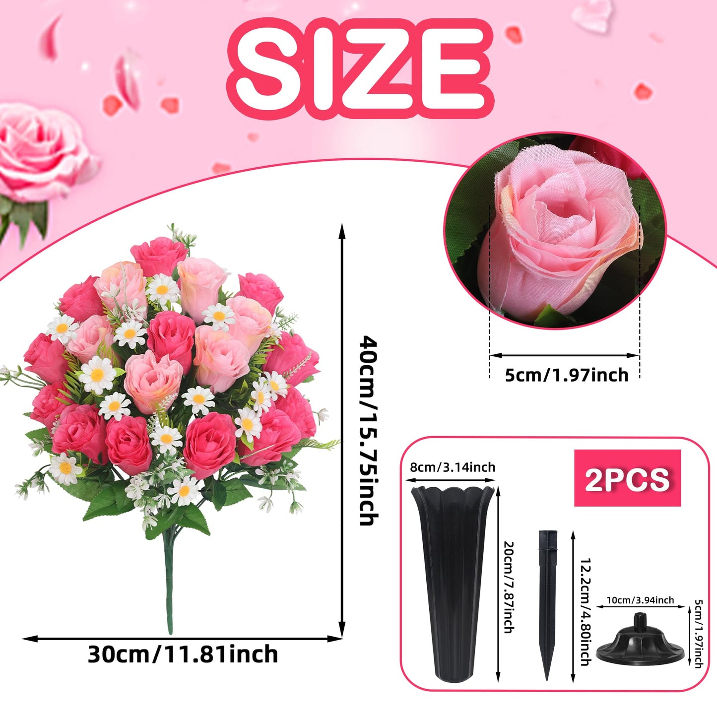Wocst Artificial Cemetery Flowers for Grave Memorial Day Flowers for Cemetery,2Pack Artificial Silk Roses Daisy Bouquets with Cemetery Vases for Outdoor Grave Decorations ﻿ (Pink)