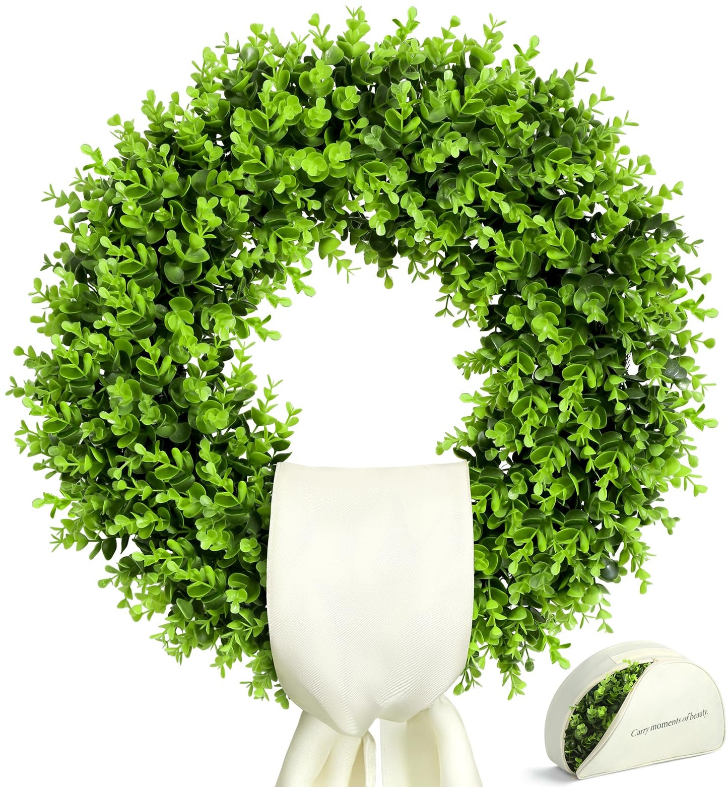 23" Boxwood Wreaths for Front Door – Preserved Boxwood Wreath with Sash｜Summer Wreaths for Front Door