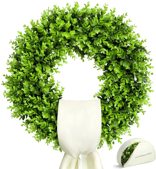 23" Boxwood Wreaths for Front Door – Preserved Boxwood Wreath with Sash｜Summer Wreaths for Front Door