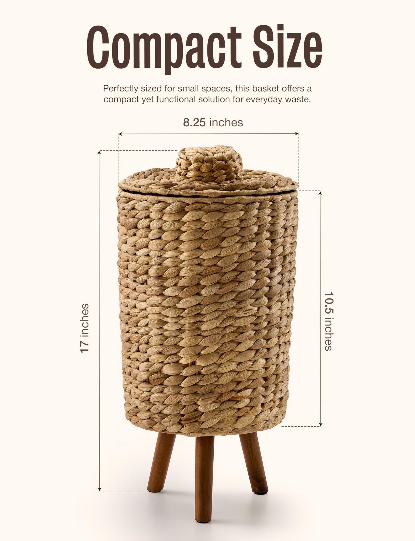 Tidita 1.5 Gallon Wicker Trash Can with Lid, Water Hyacinth Wicker Waste Basket for Bathroom - Decorative Bathroom Trash Can with Wooden Leg - Rattan Garbage Can with a Lid, Liner - Assembly Required