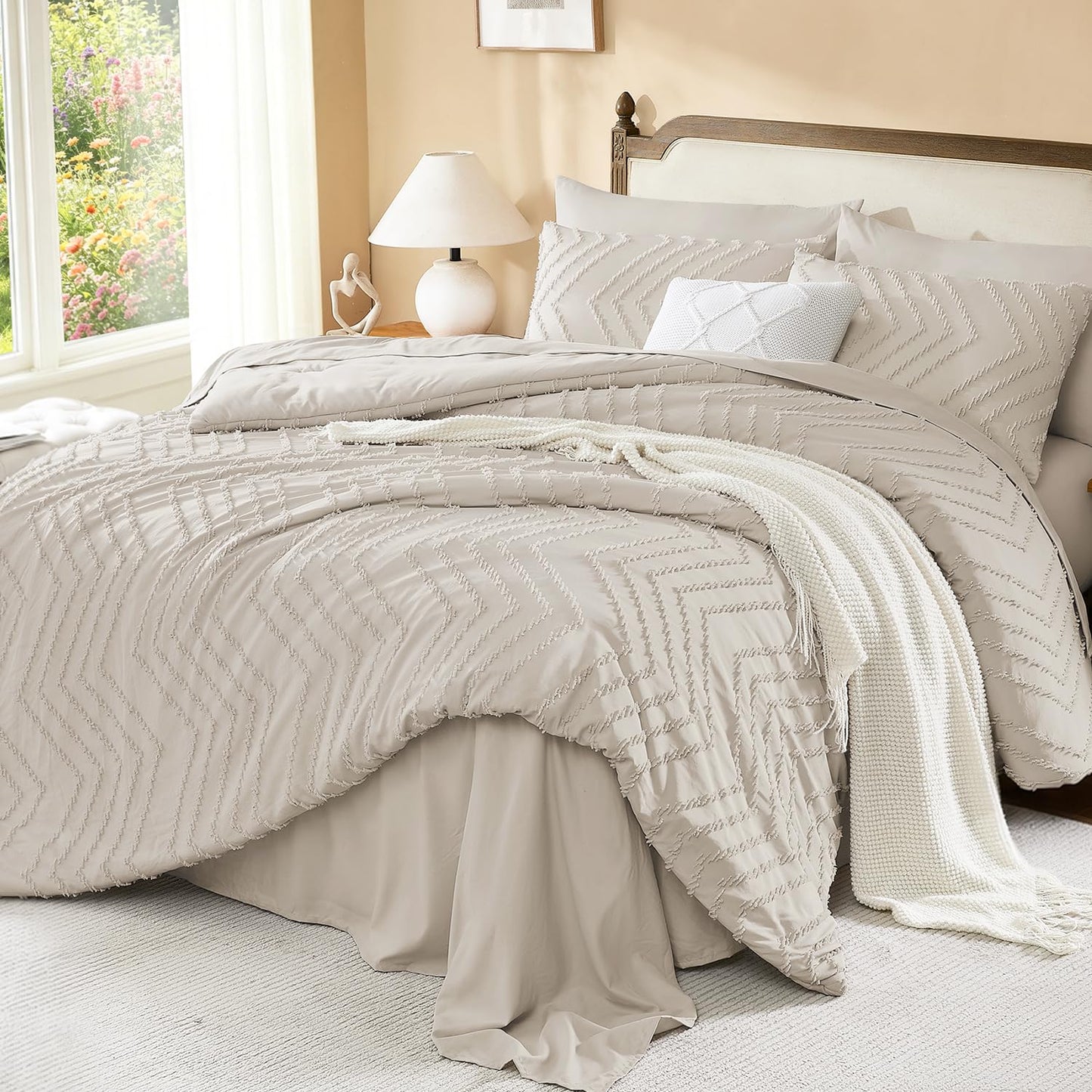 Litanika King Size Comforter Set with Sheets Beige - 7 Pieces Bed in a Bag King Chevron Tufted Boho Luxury Bedding Sets with Comforter, Sheets, Pillowcases & Shams
