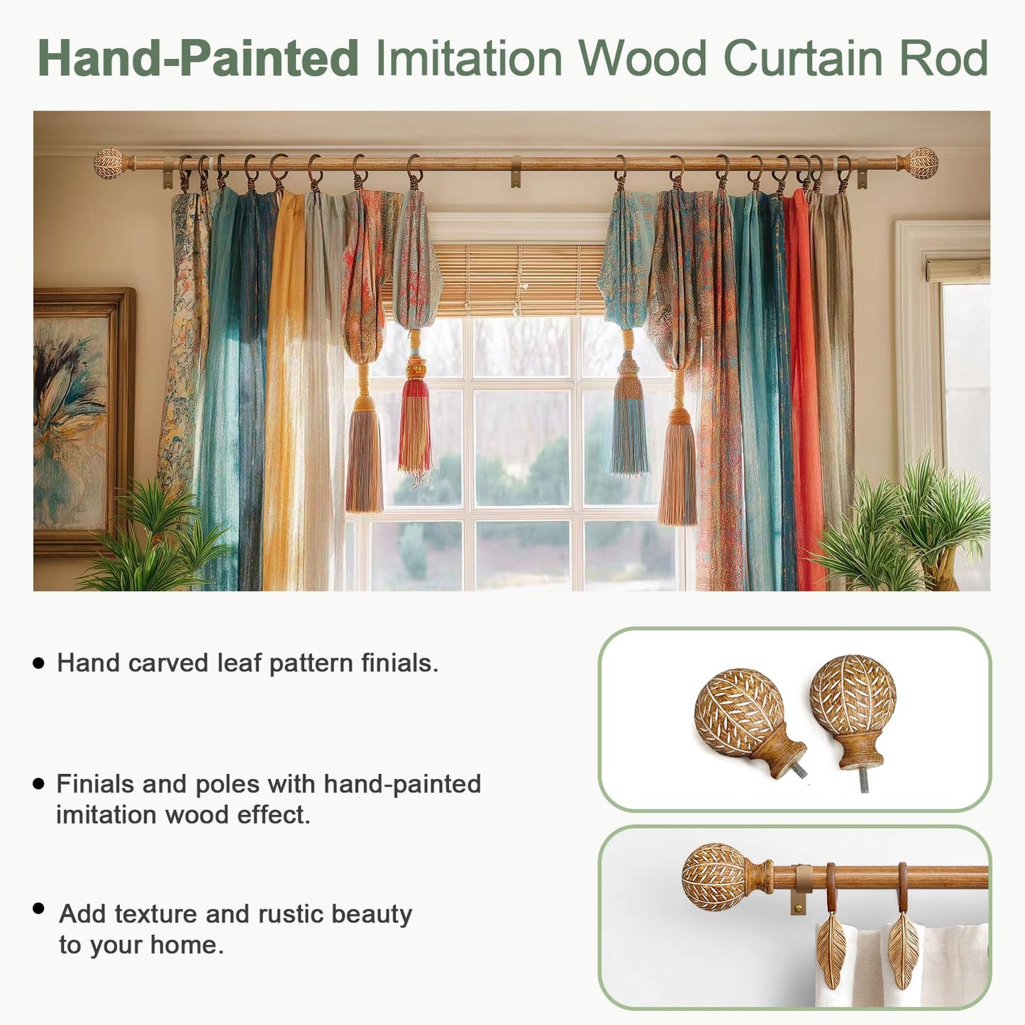 QDWIS 2 Pack Wood Curtain Rods for Windows 28 to 48 Inch,1'' Diameter Drapery Rods with Imitation Wood Grain Leaf Pattern Finials,Boho Adjustable Heavy Duty Curtain Rods Set,18-60'',Color:Natural Wood