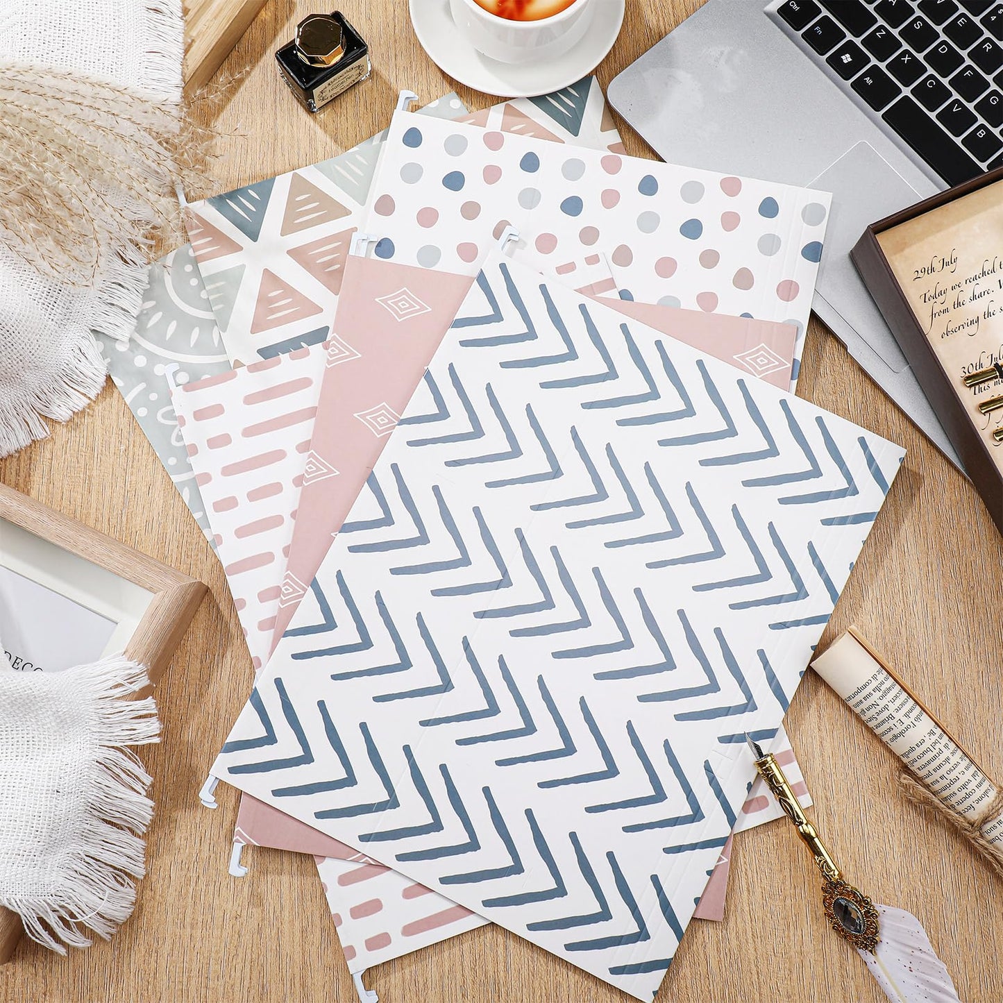 Qeeenar 30 Pcs Boho Hanging File Folders 9.5 x 11.5 in Decorative Cute Hanging Letter Size File Folder with Adjustable Tabs Back to School Gift for Office Home Supplies, 6 Designs(Classic)