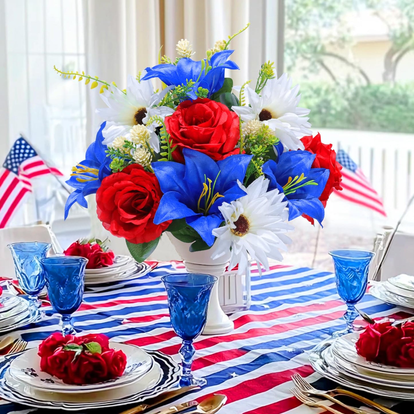 Large 20 Heads Artificial Red White and Blue Flowers Outdoor UV Resistant 2 Bouquets Patriotic Flowers Roses Sunflowers Lilies for 4th of July Decor Veterans Indoor Home USA 250th Anniversary