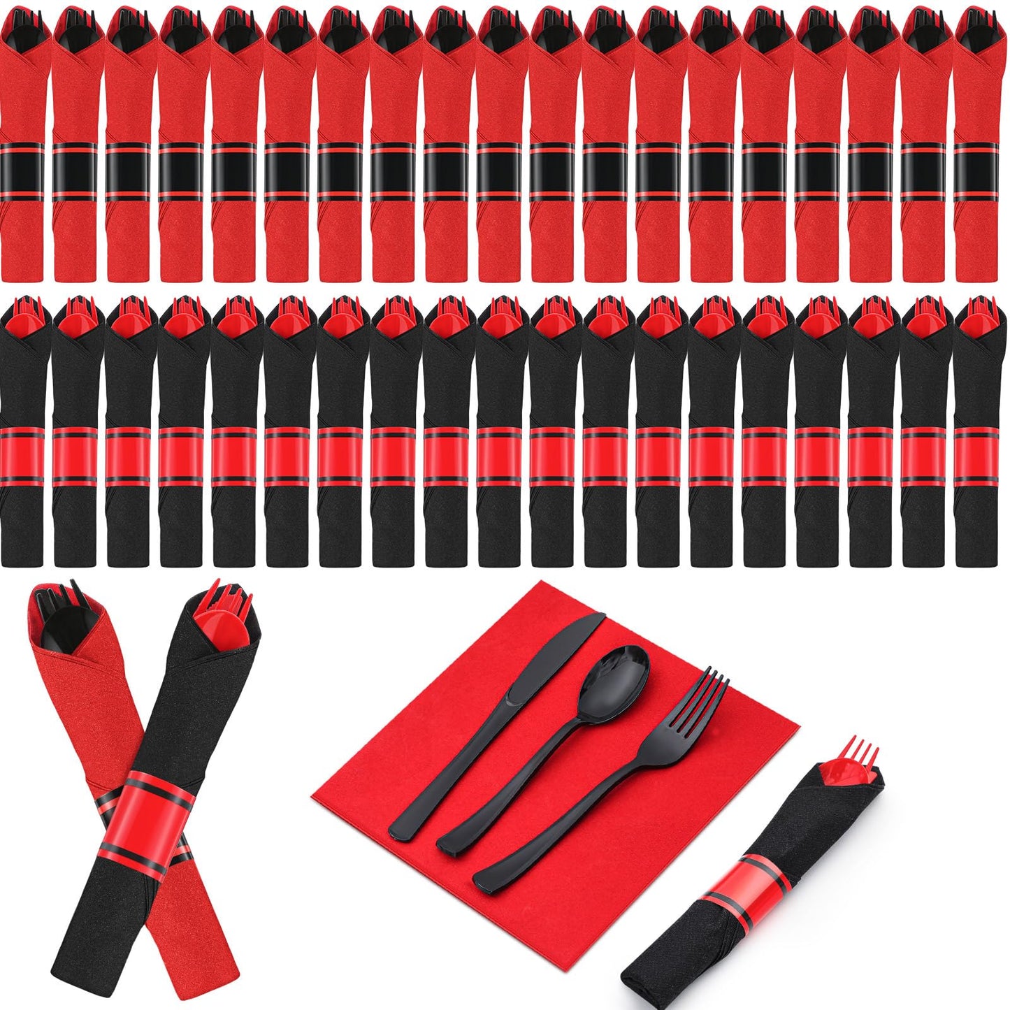 Lasnten 200pcs Pre-rolled Red and Black Plastic Silverware Set for 50 Guest Disposable Plastic Cutlery Set with Napkins for 2026 Graduation Red and Black Birthday Party Retirement Party Supplies