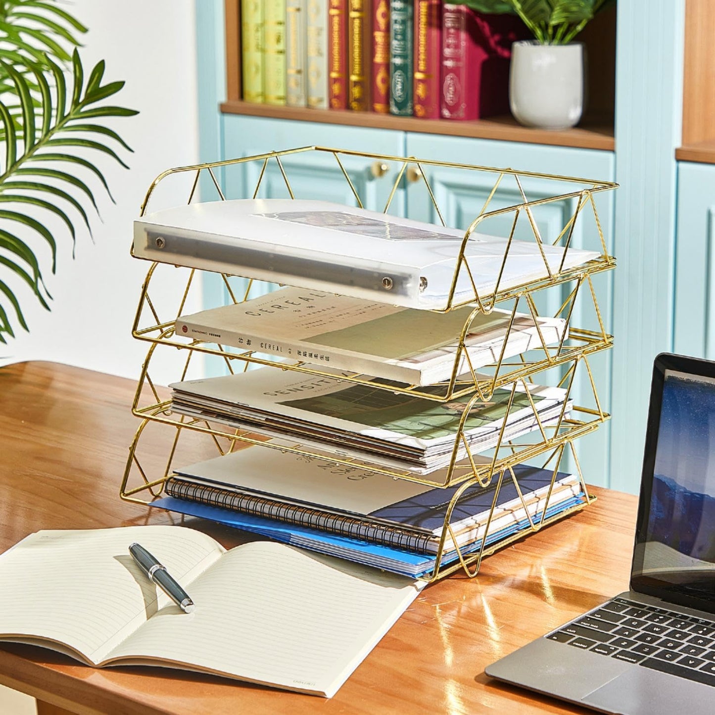 Yeaqee 4 Tier Stackable Gold Desk Organizer Paper Tray Rack Metal Letter Desk File Organizer Horizontal Holder File Trays for Office Desktop Supplies and Accessories