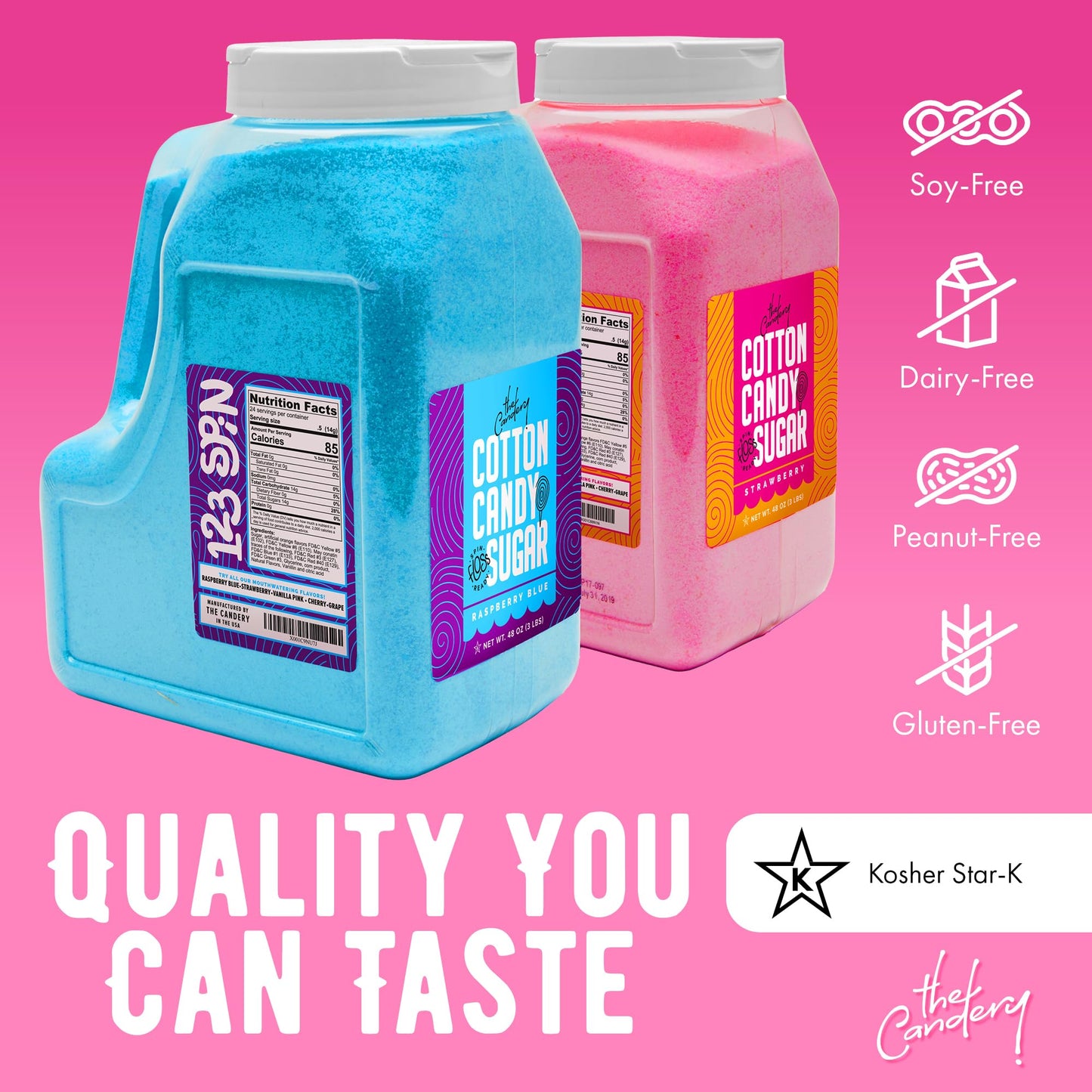 The Candery Cotton Candy Floss Sugar 6lbs 96oz Jars - 2 Pack Strawberry and Raspberry